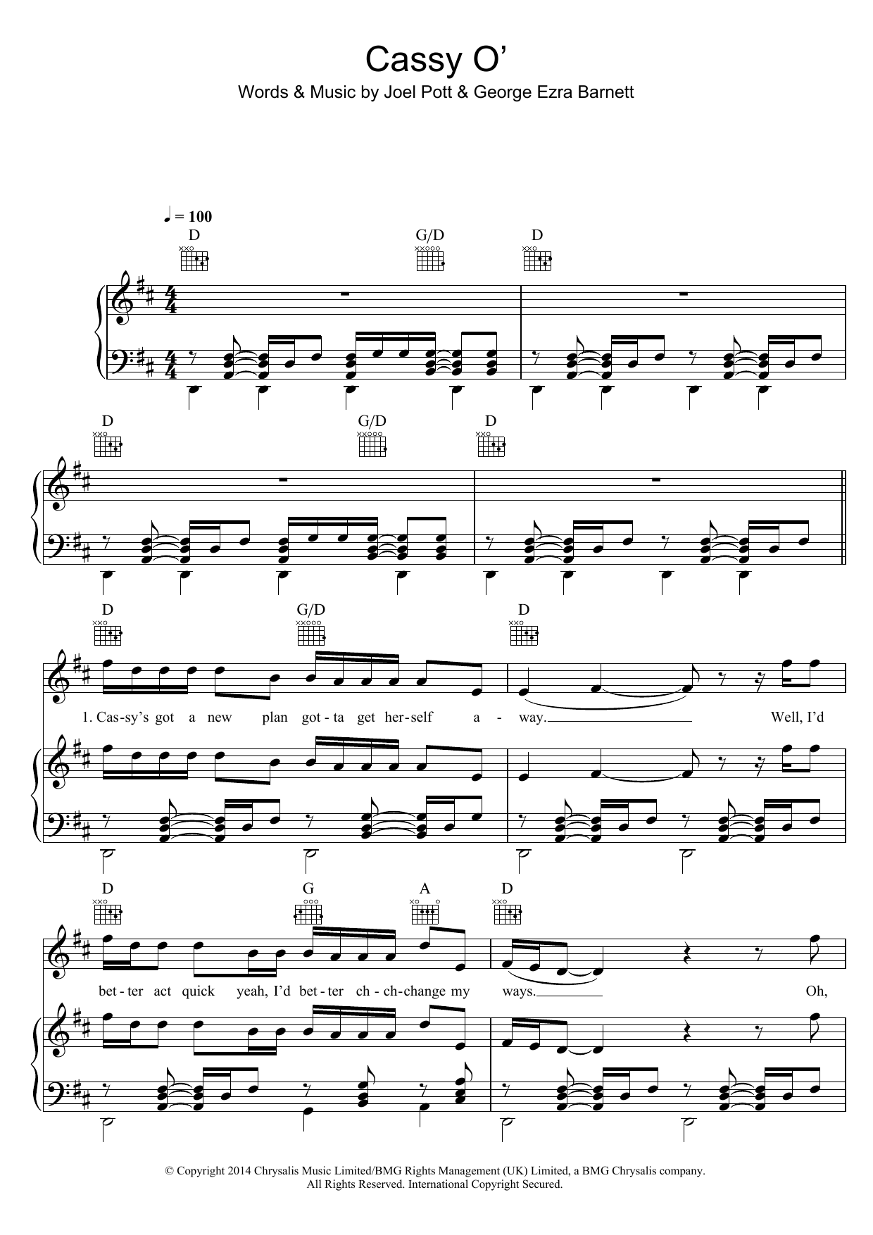 Download George Ezra Cassy O' Sheet Music and learn how to play Piano, Vocal & Guitar (Right-Hand Melody) PDF digital score in minutes