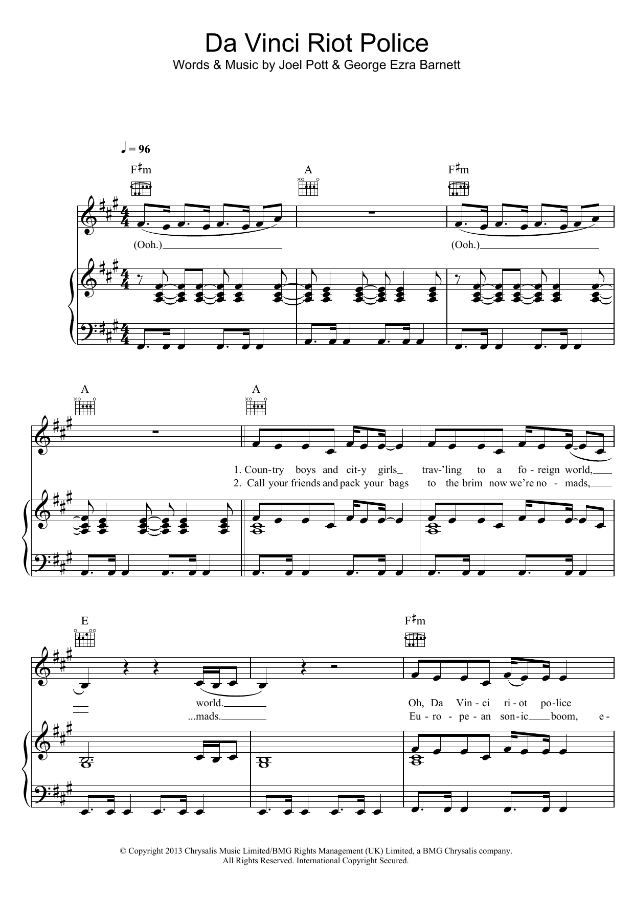 Download George Ezra Da Vinci Riot Police Sheet Music and learn how to play Piano, Vocal & Guitar (Right-Hand Melody) PDF digital score in minutes