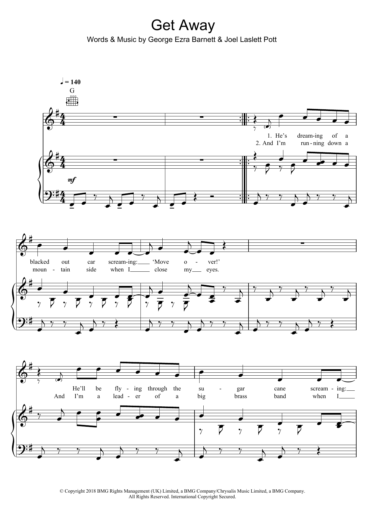 Download George Ezra Get Away Sheet Music and learn how to play Piano, Vocal & Guitar Chords (Right-Hand Melody) PDF digital score in minutes