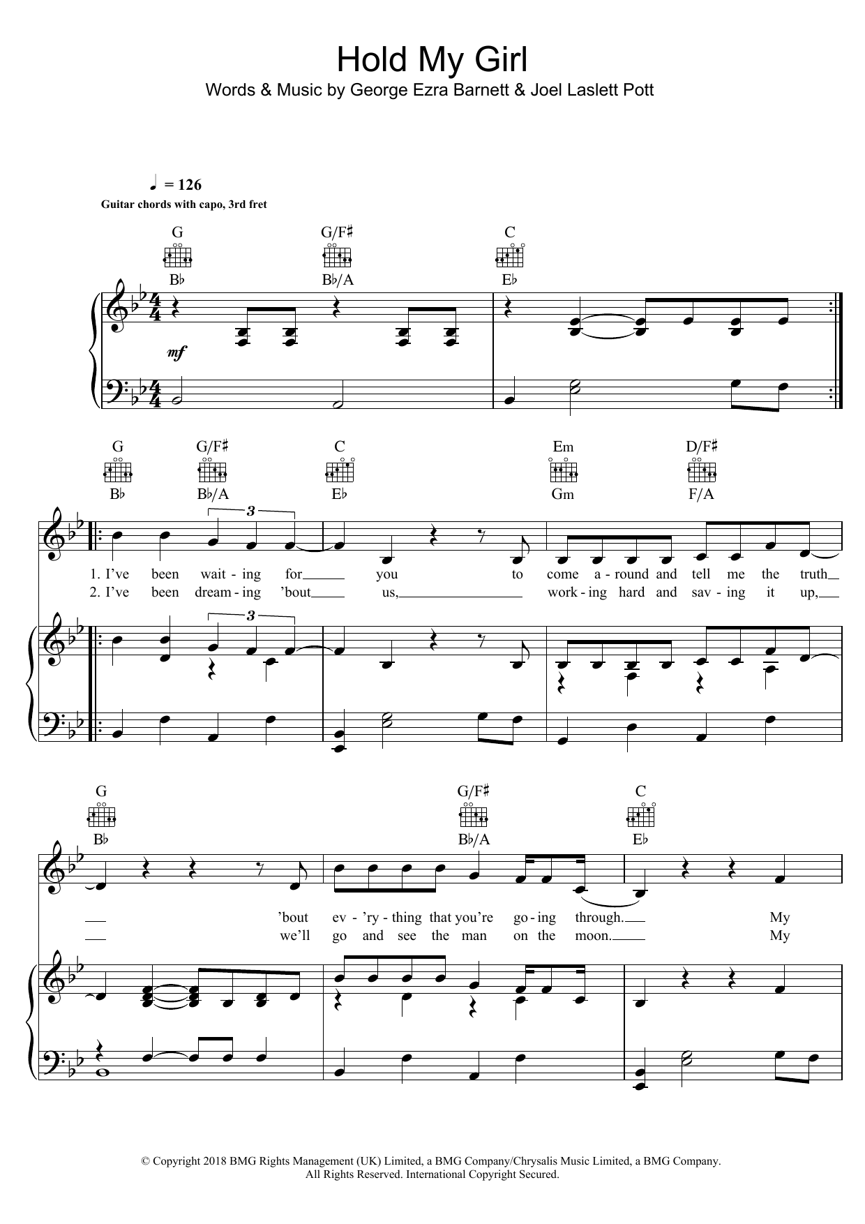 Download George Ezra Hold My Girl Sheet Music and learn how to play Piano, Vocal & Guitar Chords (Right-Hand Melody) PDF digital score in minutes