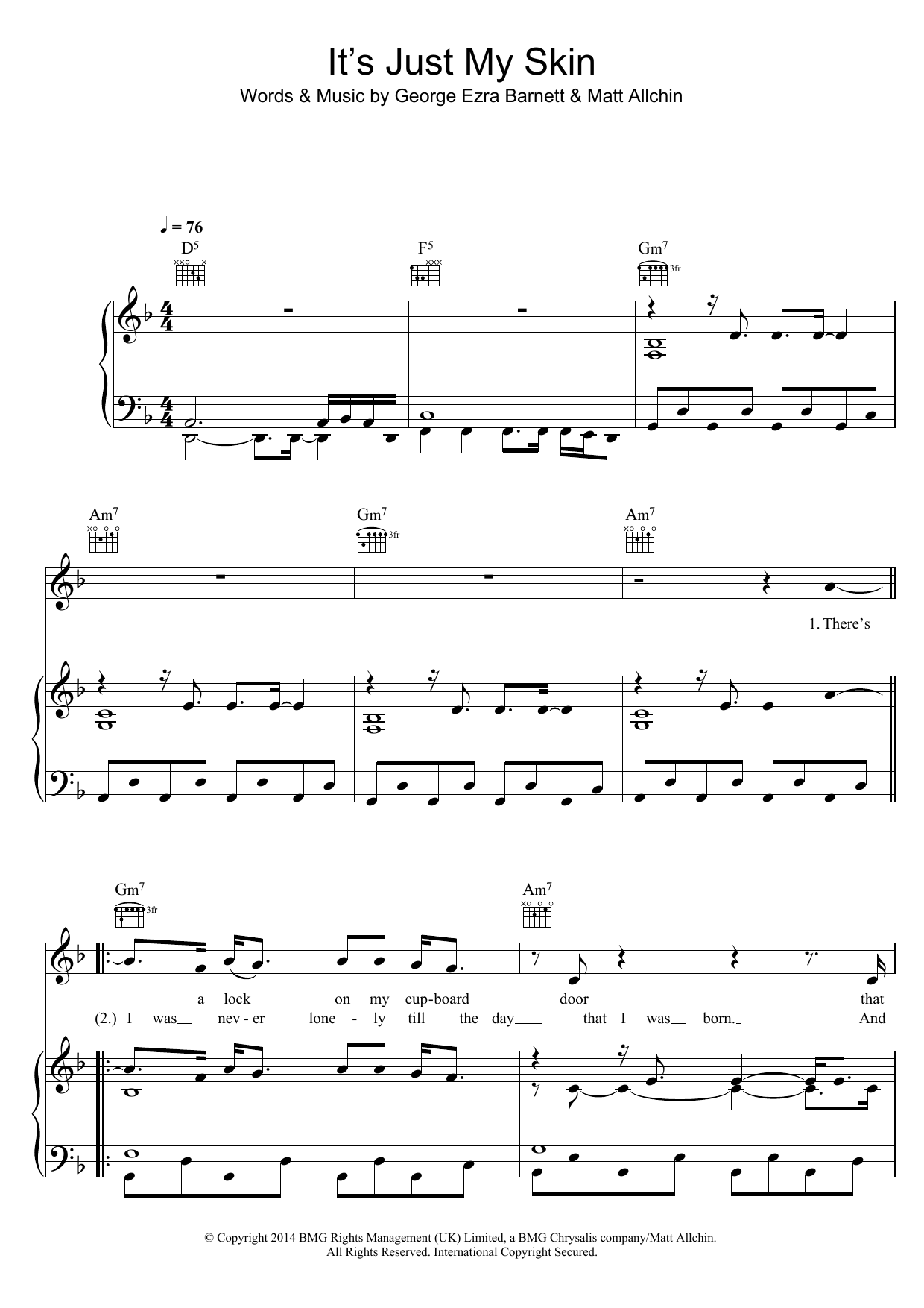 Download George Ezra It's Just My Skin Sheet Music and learn how to play Piano, Vocal & Guitar (Right-Hand Melody) PDF digital score in minutes