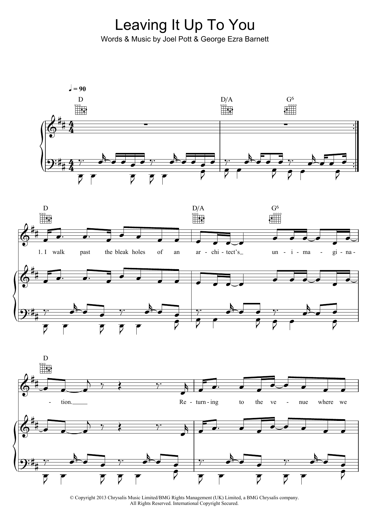 Download George Ezra Leaving It Up To You Sheet Music and learn how to play Piano, Vocal & Guitar (Right-Hand Melody) PDF digital score in minutes