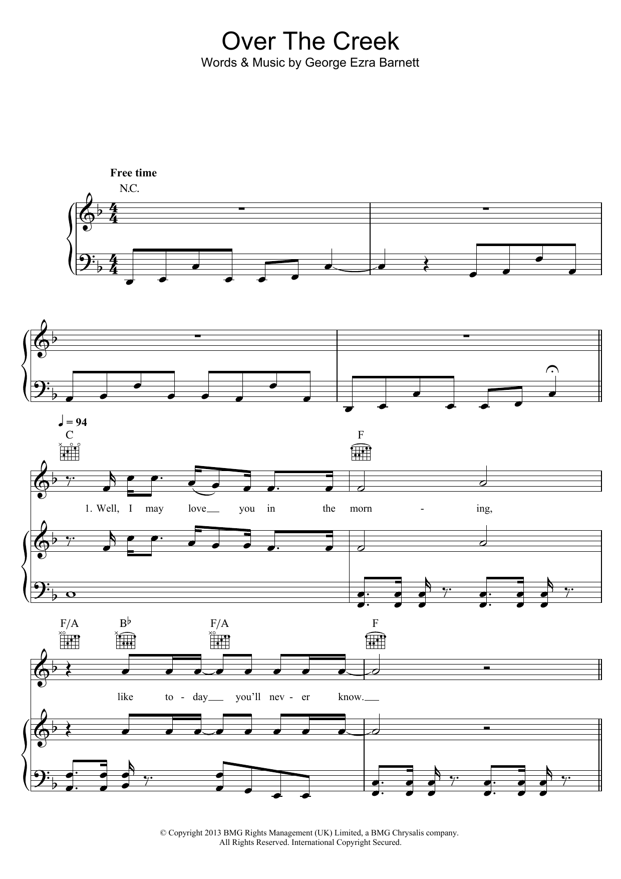 Download George Ezra Over The Creek Sheet Music and learn how to play Piano, Vocal & Guitar (Right-Hand Melody) PDF digital score in minutes