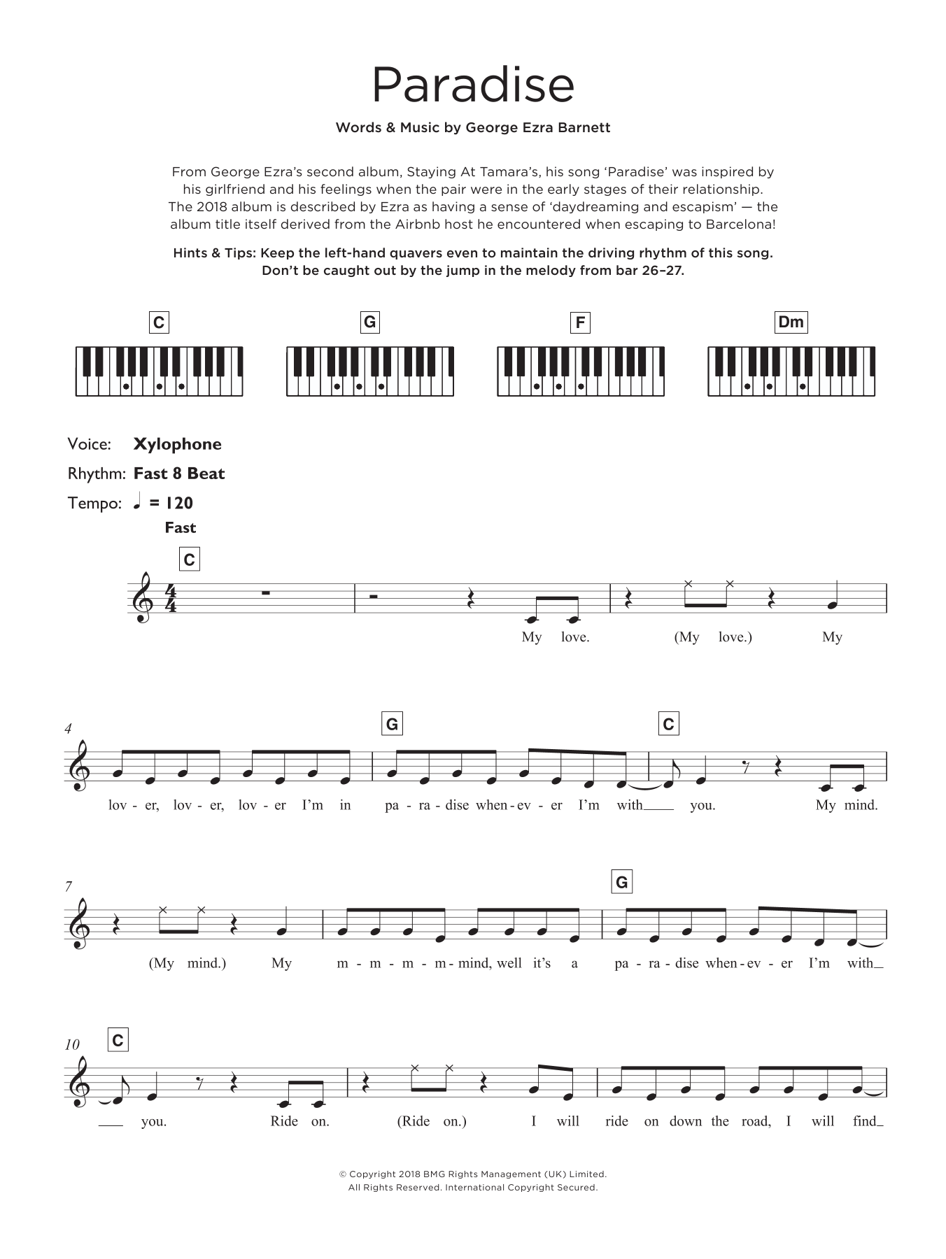 Download George Ezra Paradise Sheet Music and learn how to play Beginner Piano PDF digital score in minutes