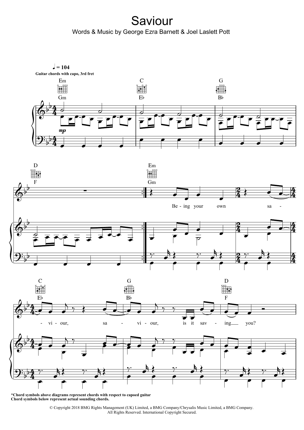Download George Ezra Saviour (featuring First Aid Kit) Sheet Music and learn how to play Piano, Vocal & Guitar PDF digital score in minutes