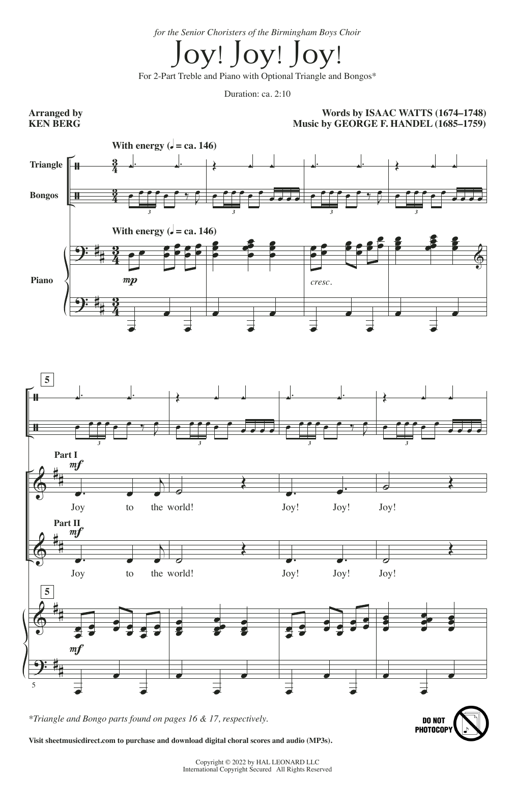 Download George F. Handel Joy! Joy! Joy! (arr. Ken Berg) Sheet Music and learn how to play 2-Part Choir PDF digital score in minutes