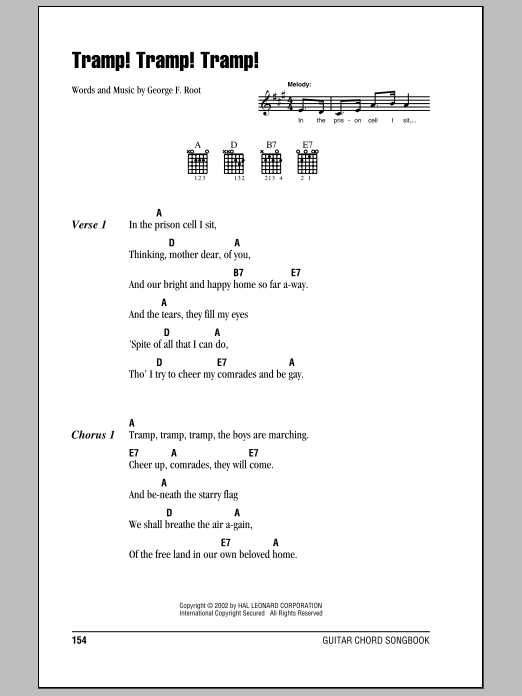 Download George F. Root Tramp! Tramp! Tramp! Sheet Music and learn how to play Melody Line, Lyrics & Chords PDF digital score in minutes