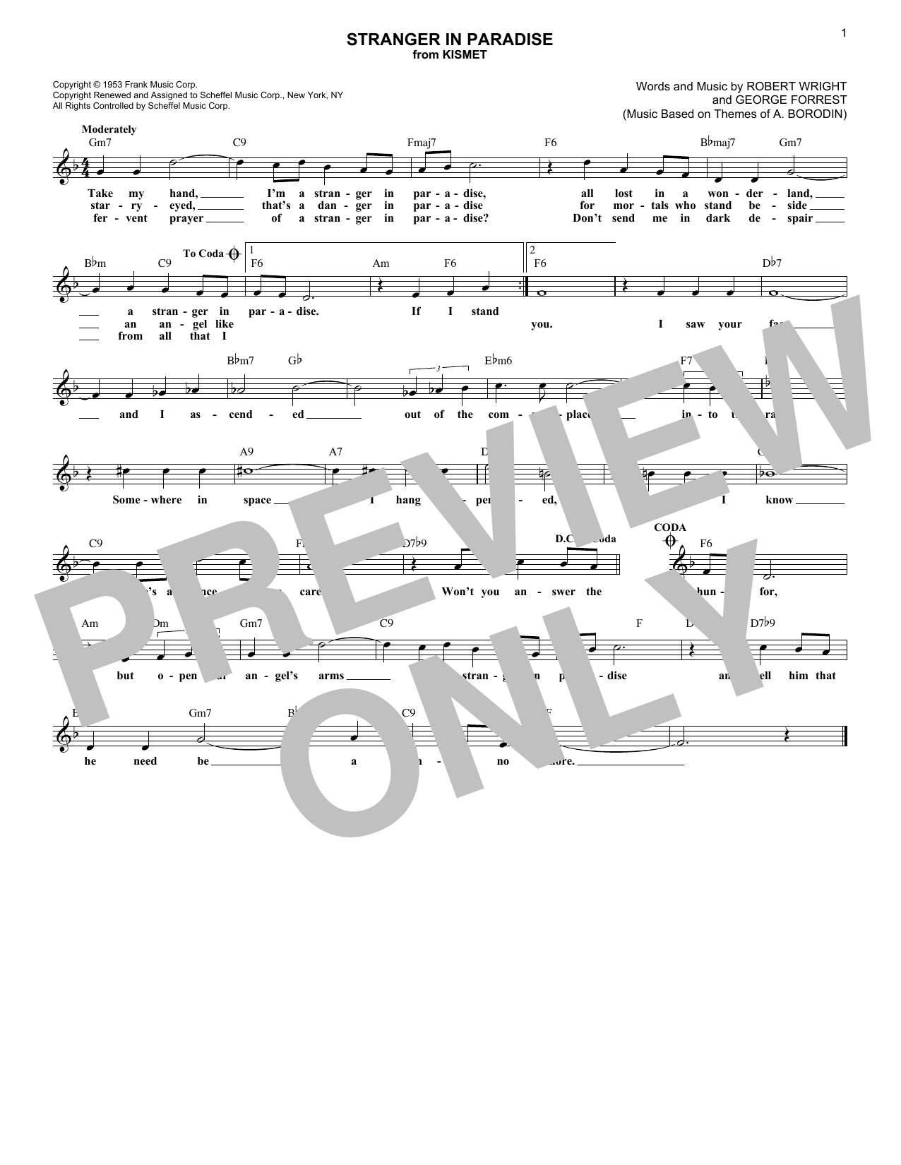 Download George Forrest Stranger In Paradise Sheet Music and learn how to play Lead Sheet / Fake Book PDF digital score in minutes