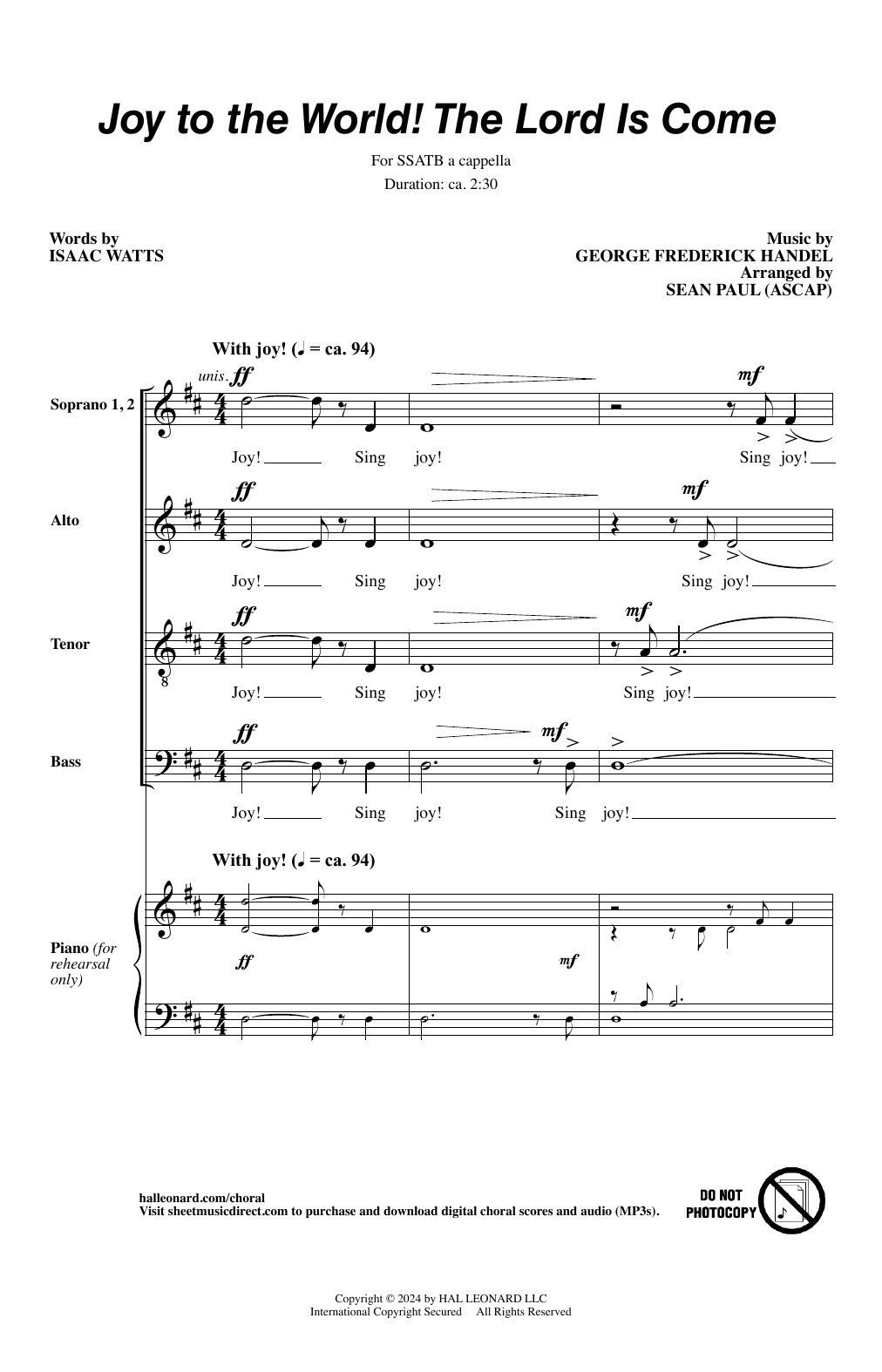 Download George Frederick Handel Joy To The World! The Lord Is Come (arr. Sean Paul) Sheet Music and learn how to play SSATB Choir PDF digital score in minutes