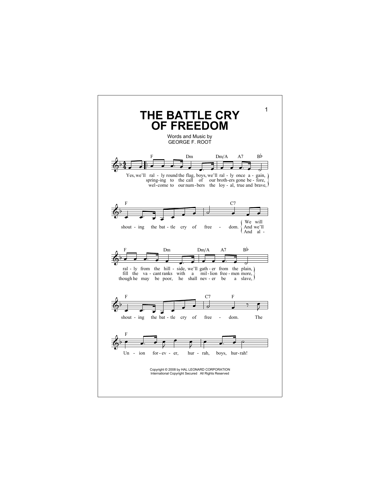 Download George Frederick Root The Battle Cry Of Freedom Sheet Music and learn how to play Melody Line, Lyrics & Chords PDF digital score in minutes