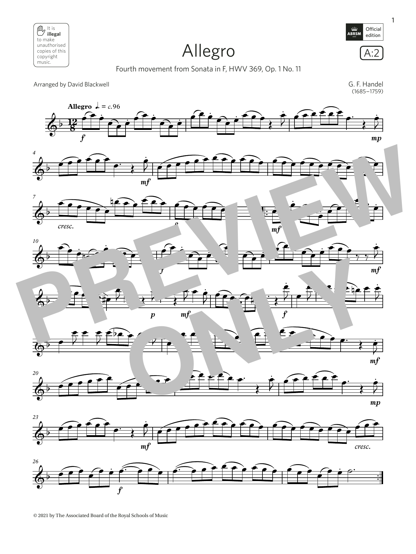 Download George Frideric Handel Allegro (from Sonata in F, Op.1 No.11) (Grade 4 A2 from the ABRSM Saxophone syl Sheet Music and learn how to play Alto Sax Solo PDF digital score in minutes