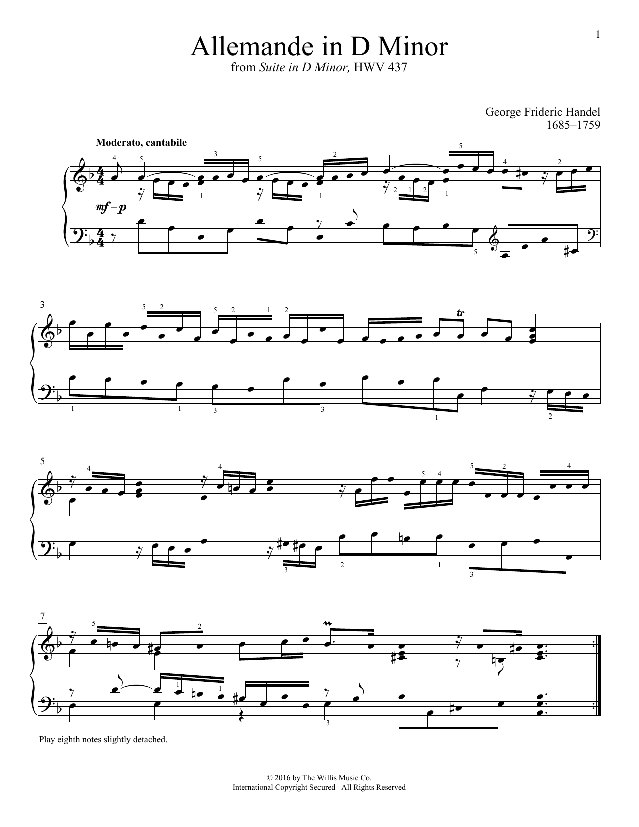 Download George Frideric Handel Allemande In D Minor Sheet Music and learn how to play Educational Piano PDF digital score in minutes