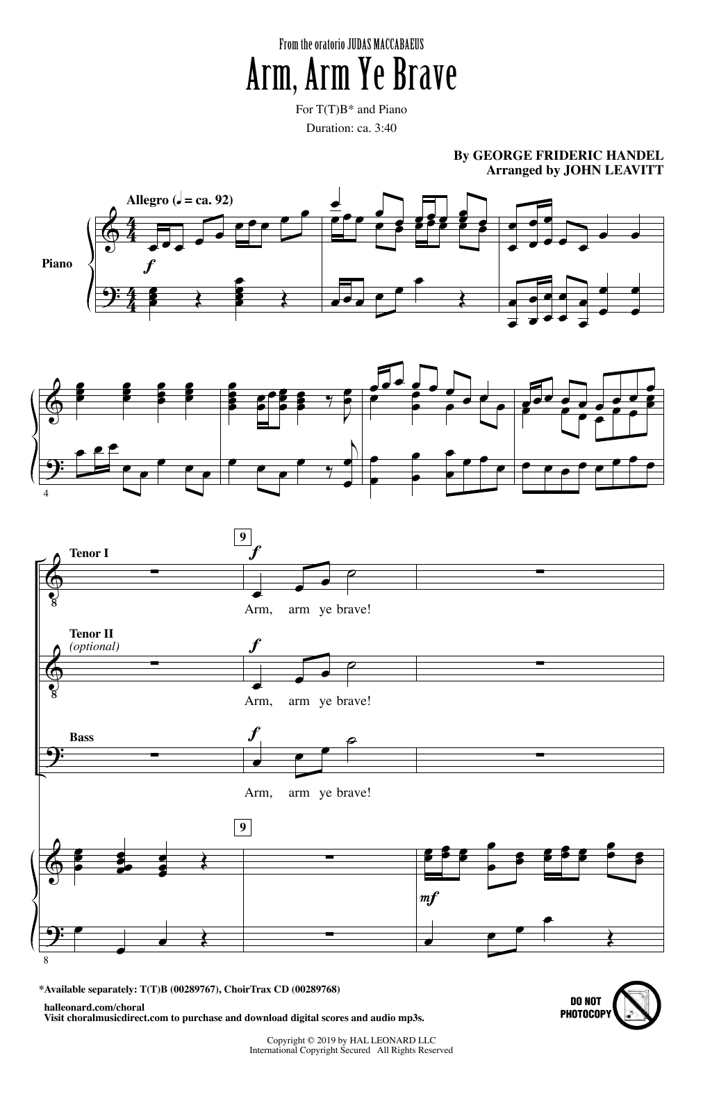 Download George Frideric Handel Arm, Arm Ye Brave (arr. John Leavitt) Sheet Music and learn how to play TTB Choir PDF digital score in minutes