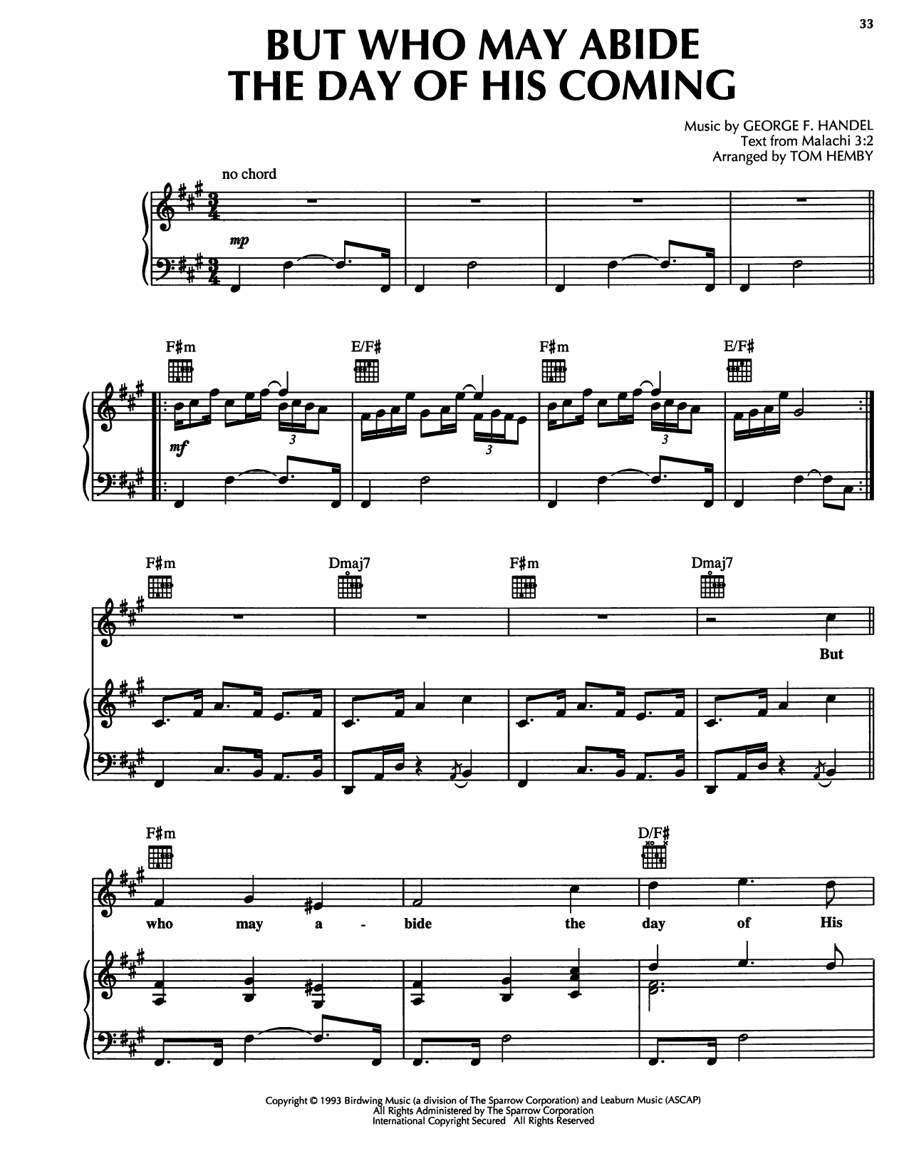 Download George Frideric Handel But Who May Abide The Day Of His Coming Sheet Music and learn how to play Piano, Vocal & Guitar Chords (Right-Hand Melody) PDF digital score in minutes