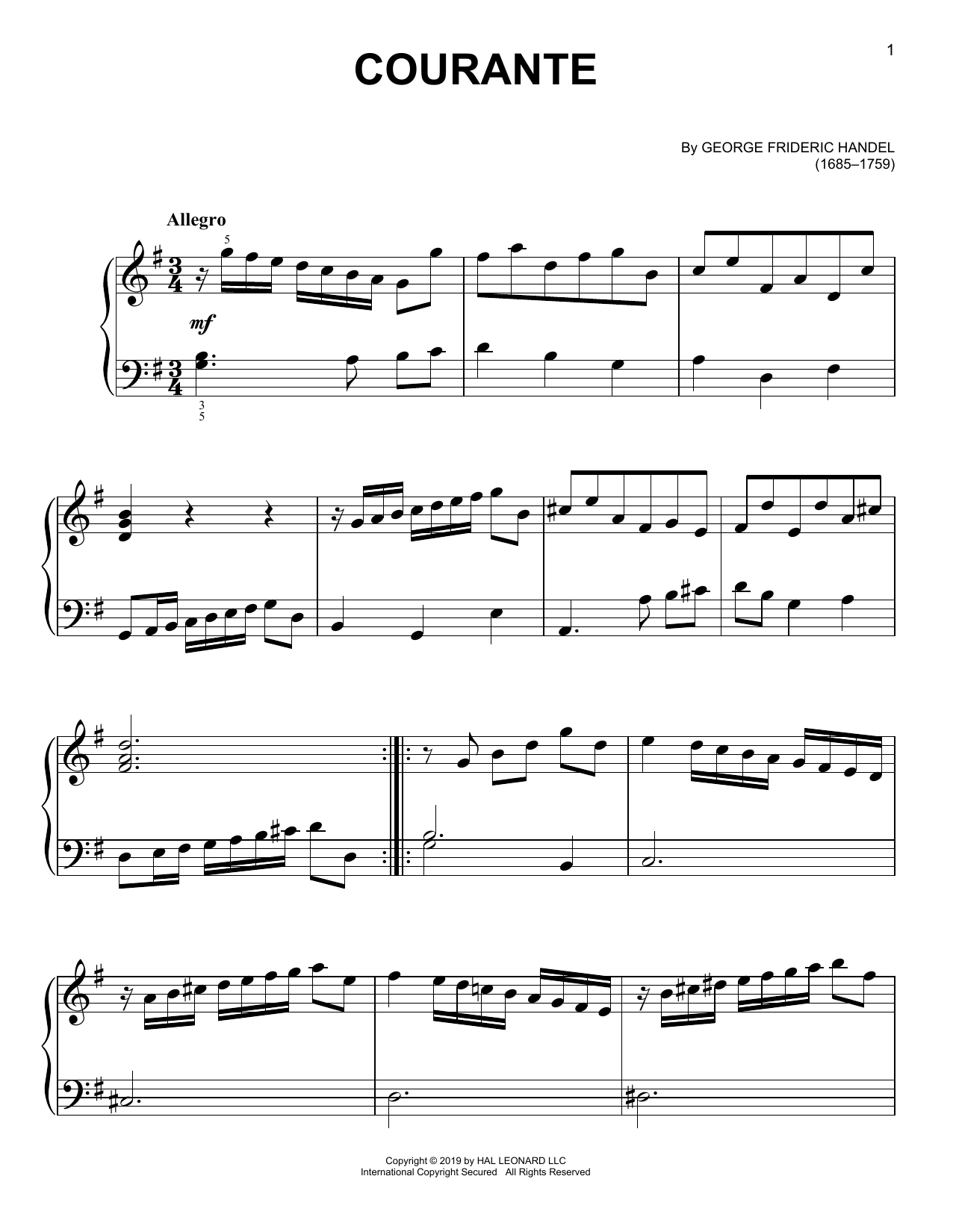 Download George Frideric Handel Courante Sheet Music and learn how to play Piano Solo PDF digital score in minutes