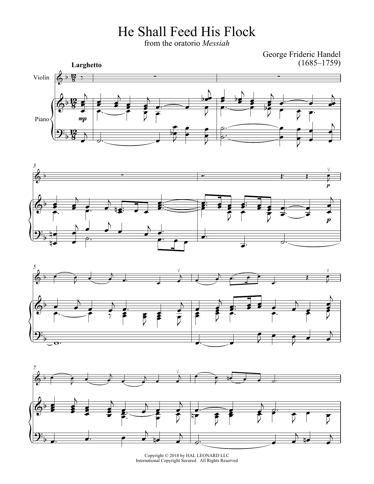 Download George Frideric Handel He Shall Feed His Flock Sheet Music and learn how to play Violin and Piano PDF digital score in minutes