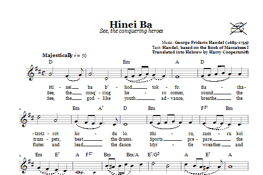 Download George Frideric Handel Hinei Ba (See, The Conquering Heroes) Sheet Music and learn how to play Melody Line, Lyrics & Chords PDF digital score in minutes