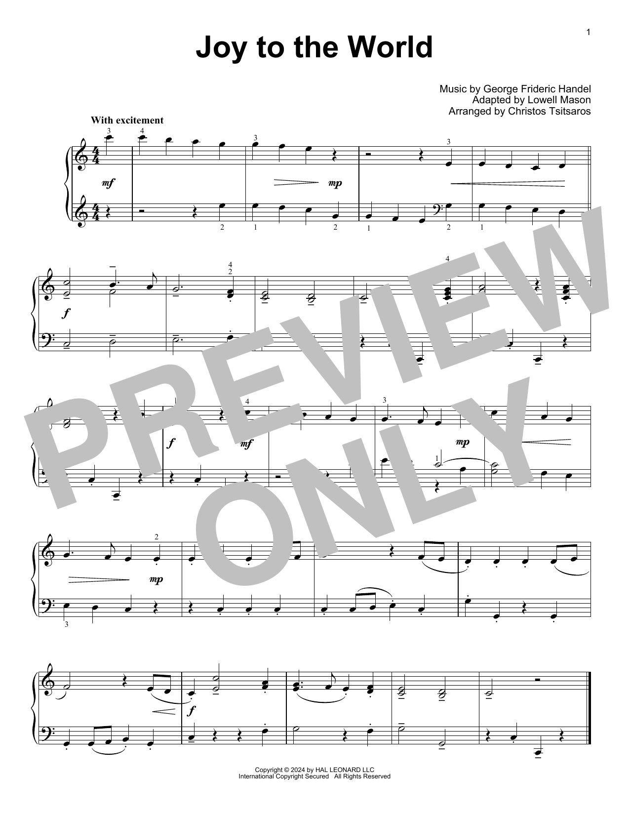 Download George Frideric Handel Joy To The World (arr. Christos Tsitsaros) Sheet Music and learn how to play Easy Piano Solo PDF digital score in minutes