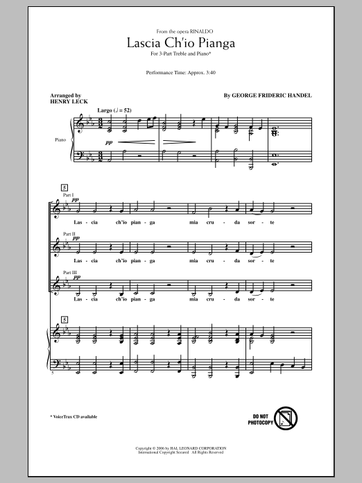 Download George Frideric Handel Lascia Ch'io Pianga Sheet Music and learn how to play 3-Part Treble PDF digital score in minutes