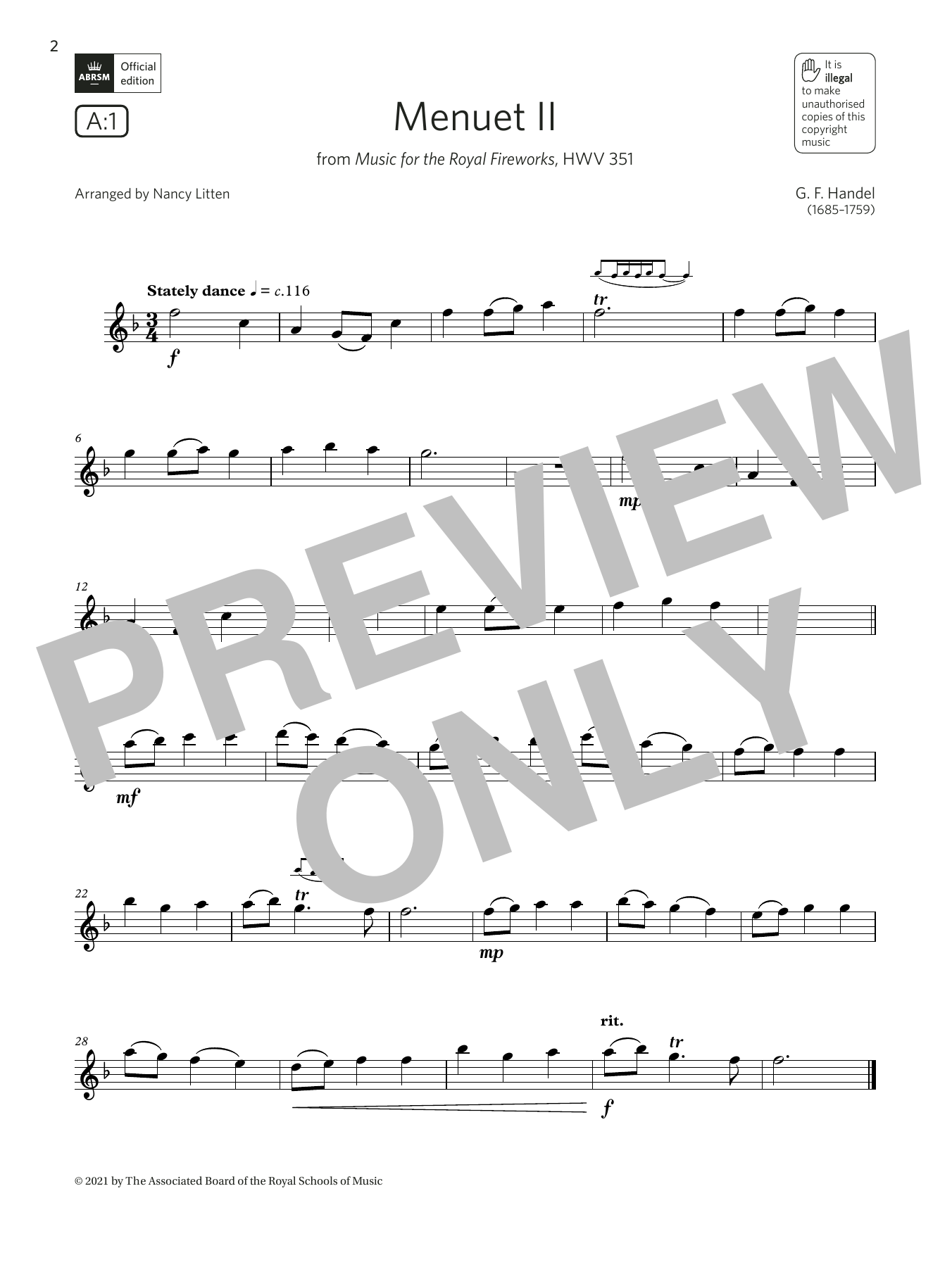 Download George Frideric Handel Menuet II (Music for the Royal Fireworks) (Grade 2 List A1 from the ABRSM Flute Sheet Music and learn how to play Flute Solo PDF digital score in minutes