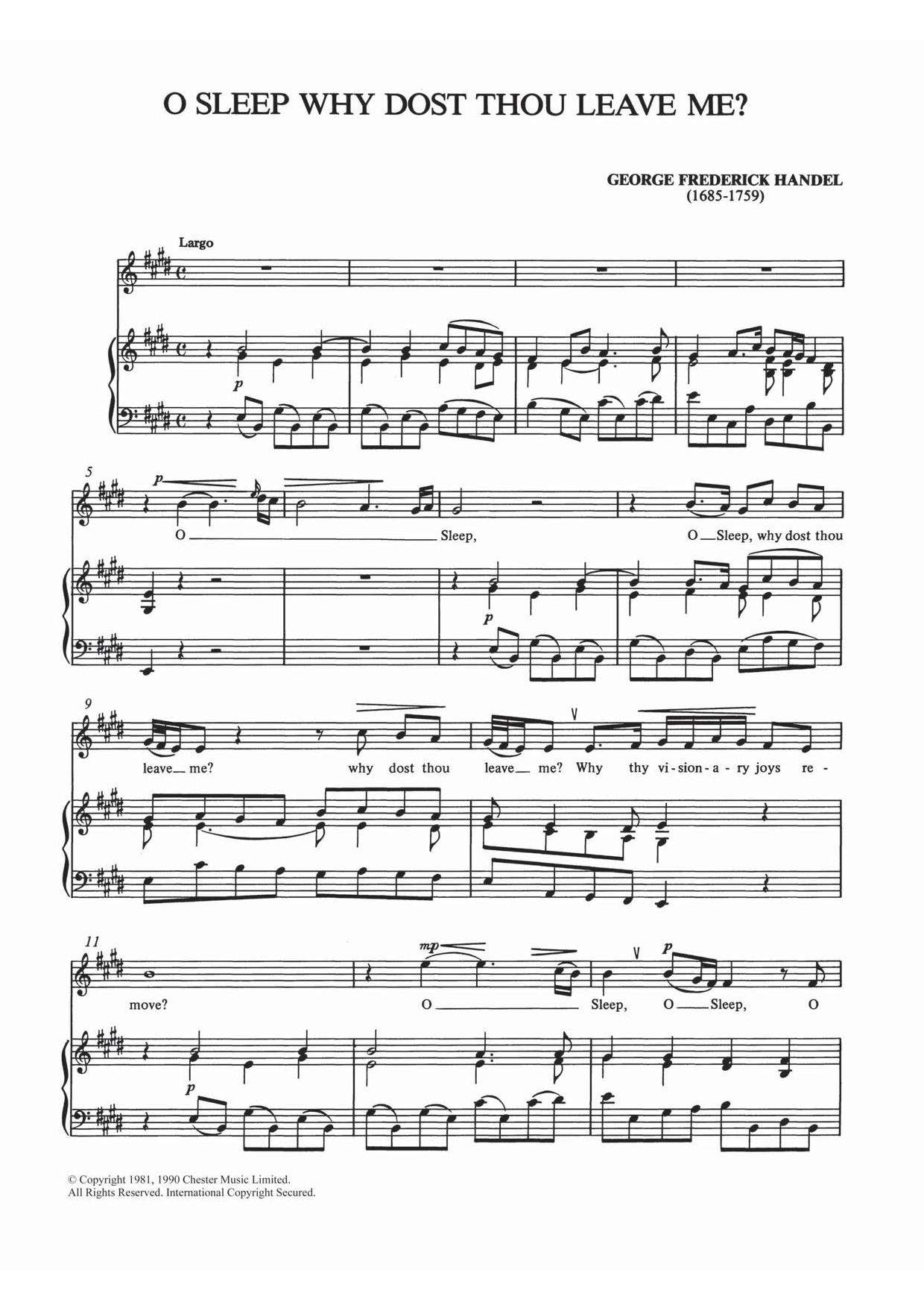 Download George Frideric Handel O Sleep Why Dost Thou Leave Me? Sheet Music and learn how to play Piano & Vocal PDF digital score in minutes