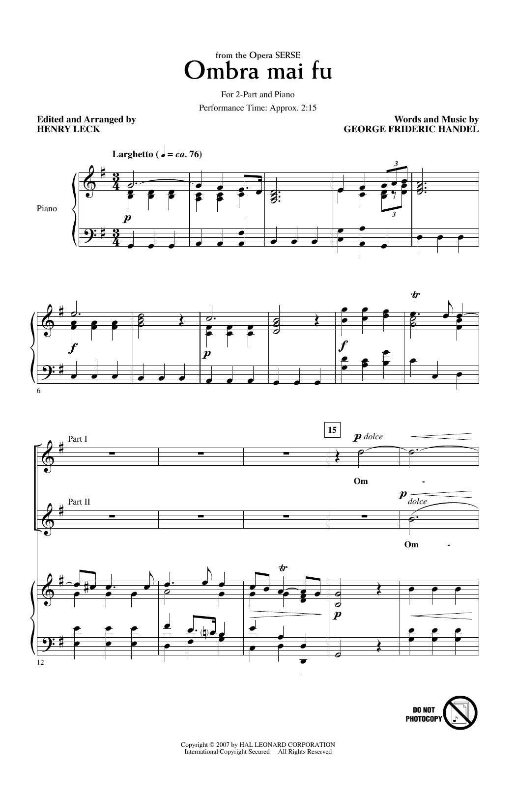 Download George Frideric Handel Ombra Mai Fu (from Serse) (arr. Henry Leck) Sheet Music and learn how to play 2-Part Choir PDF digital score in minutes