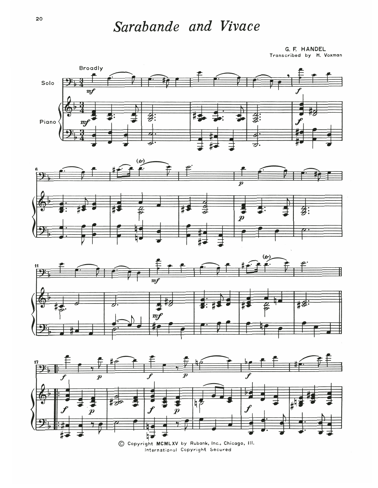 Download George Frideric Handel Sarabande & Vivace Sheet Music and learn how to play Trombone and Piano PDF digital score in minutes