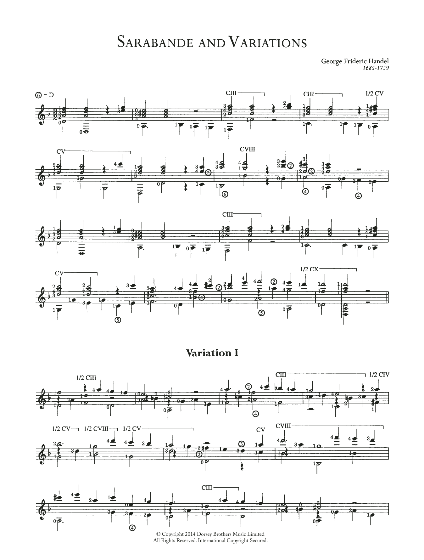 Download George Frideric Handel Sarabande And Variations Sheet Music and learn how to play Guitar PDF digital score in minutes
