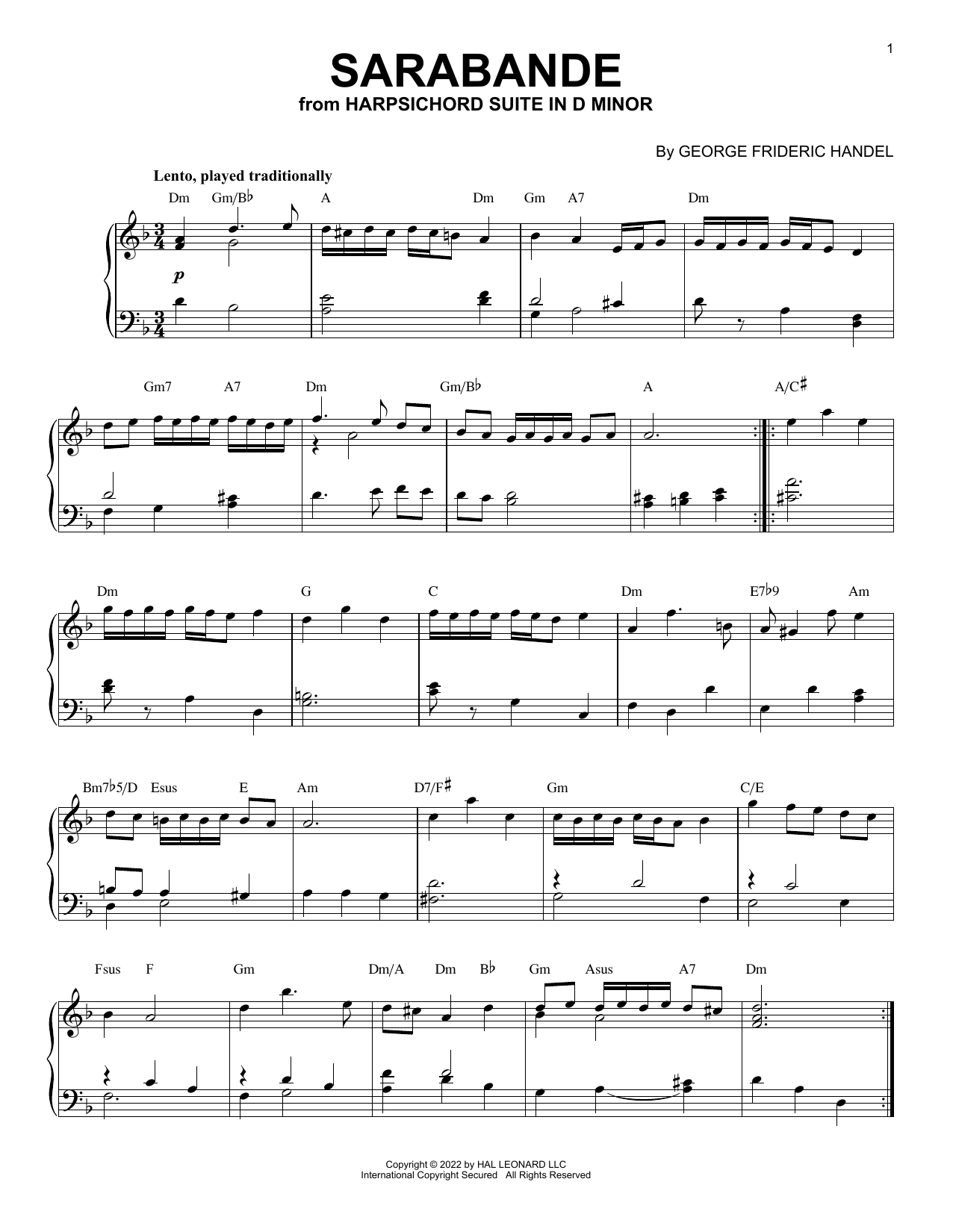 Download George Frideric Handel Sarabande In D Minor [Jazz version] (arr. Brent Edstrom) Sheet Music and learn how to play Piano Solo PDF digital score in minutes