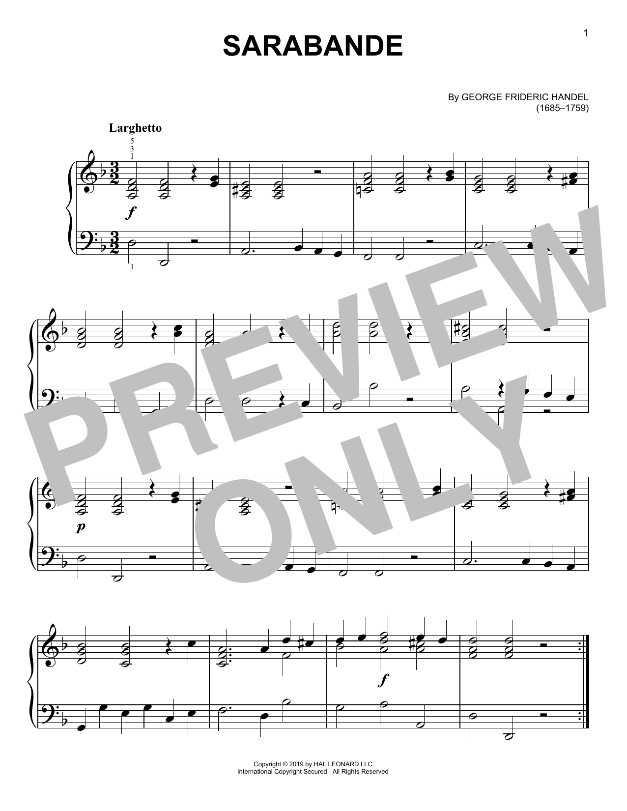 Download George Frideric Handel Sarabande Sheet Music and learn how to play Piano Solo PDF digital score in minutes