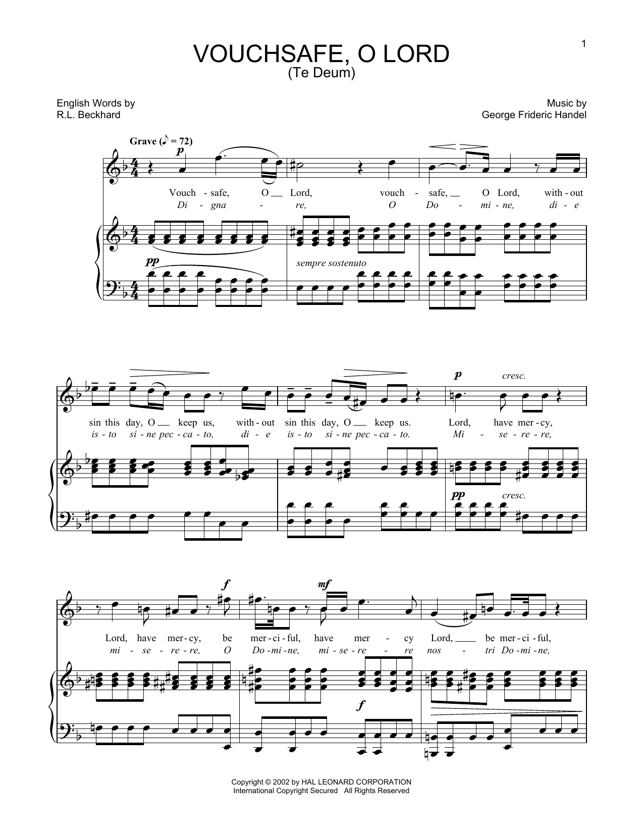 Download George Frideric Handel Te Deum (Vouchsafe, O Lord) Sheet Music and learn how to play Piano & Vocal PDF digital score in minutes
