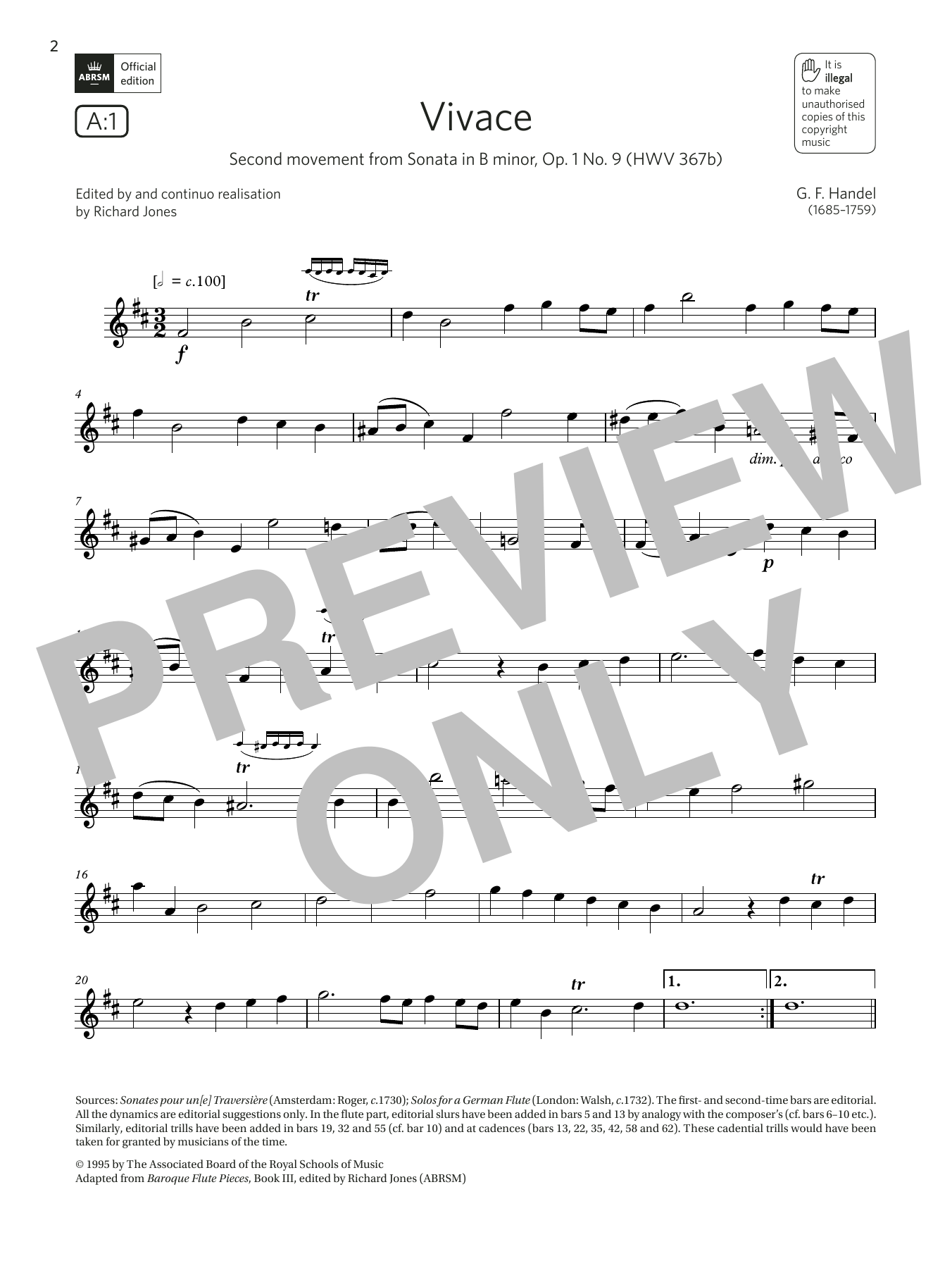Download George Frideric Handel Vivace (from Sonata in B minor, Op.1 No.9)(Grade 5 List A1 from the ABRSM Flute Sheet Music and learn how to play Flute Solo PDF digital score in minutes