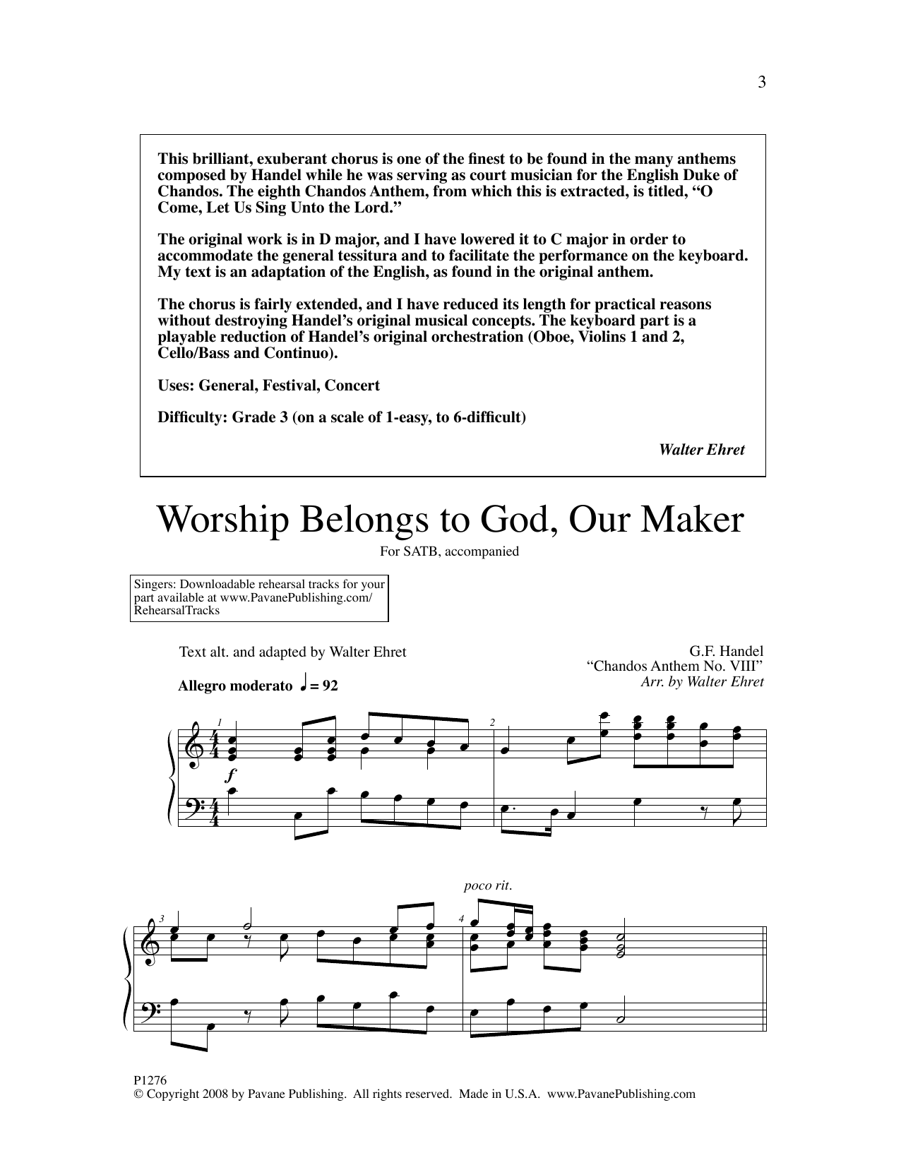 Download George Friedrich Handel Worship Belongs to God, Our Maker (arr. Walter Ehret) Sheet Music and learn how to play SATB Choir PDF digital score in minutes