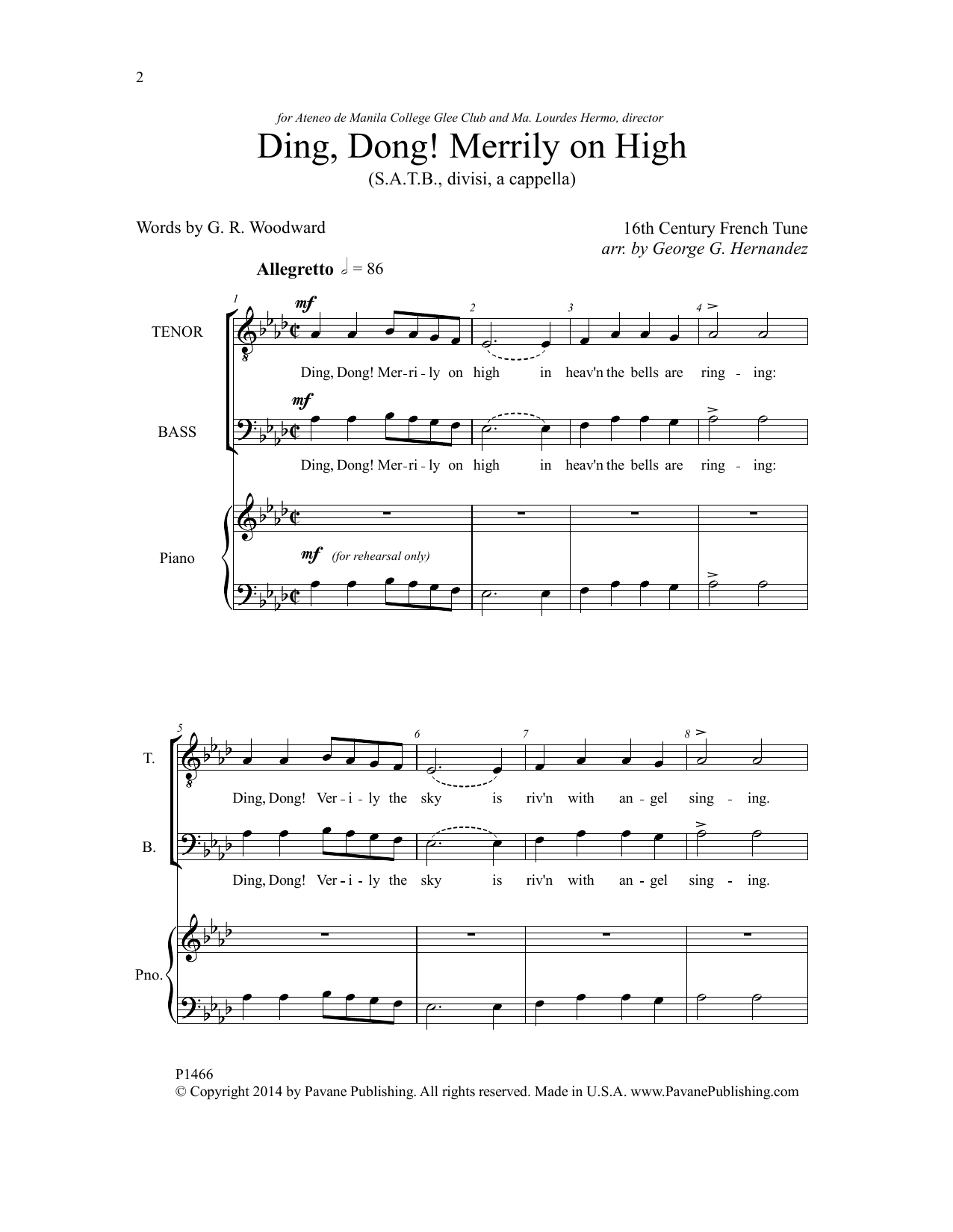 Download George G. Hernandez Ding, Dong! Merrily On High Sheet Music and learn how to play SATB Choir PDF digital score in minutes