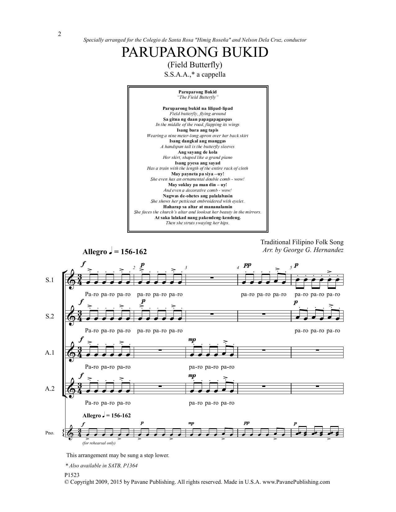 Download George G. Hernandez Paruparong Bukid Sheet Music and learn how to play SSAA Choir PDF digital score in minutes