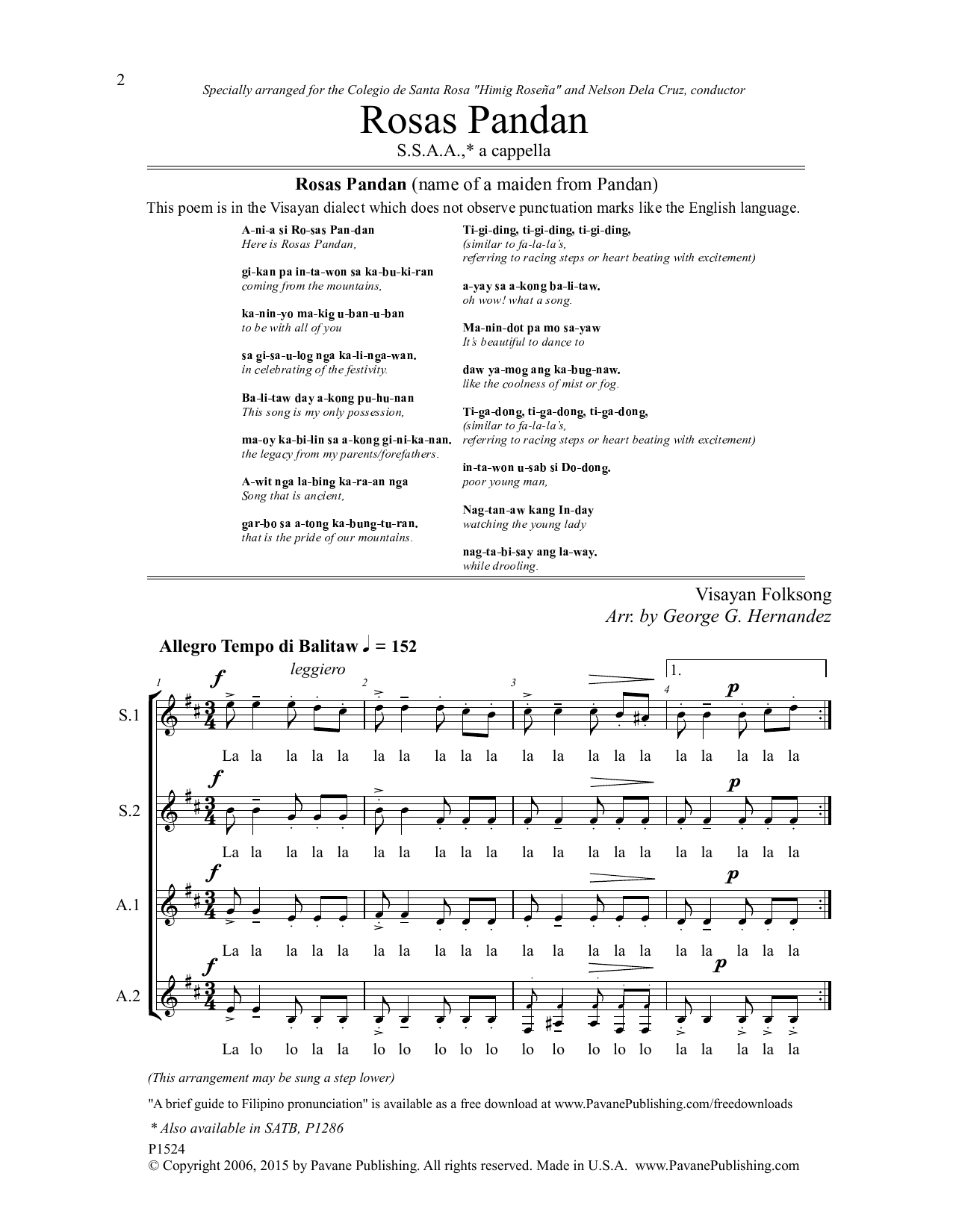 Download George G. Hernandez Rosas Pandan Sheet Music and learn how to play SSAA Choir PDF digital score in minutes