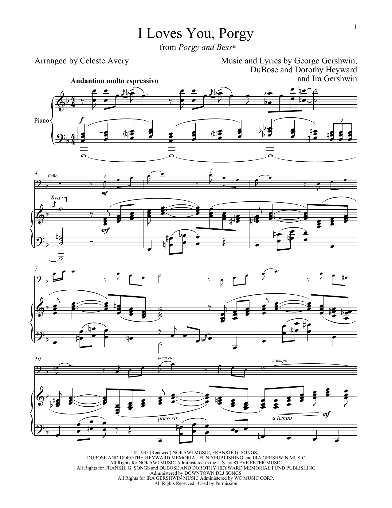 Download George Gershwin & Ira Gershwin I Loves You, Porgy (from Porgy and Bess) Sheet Music and learn how to play Cello and Piano PDF digital score in minutes