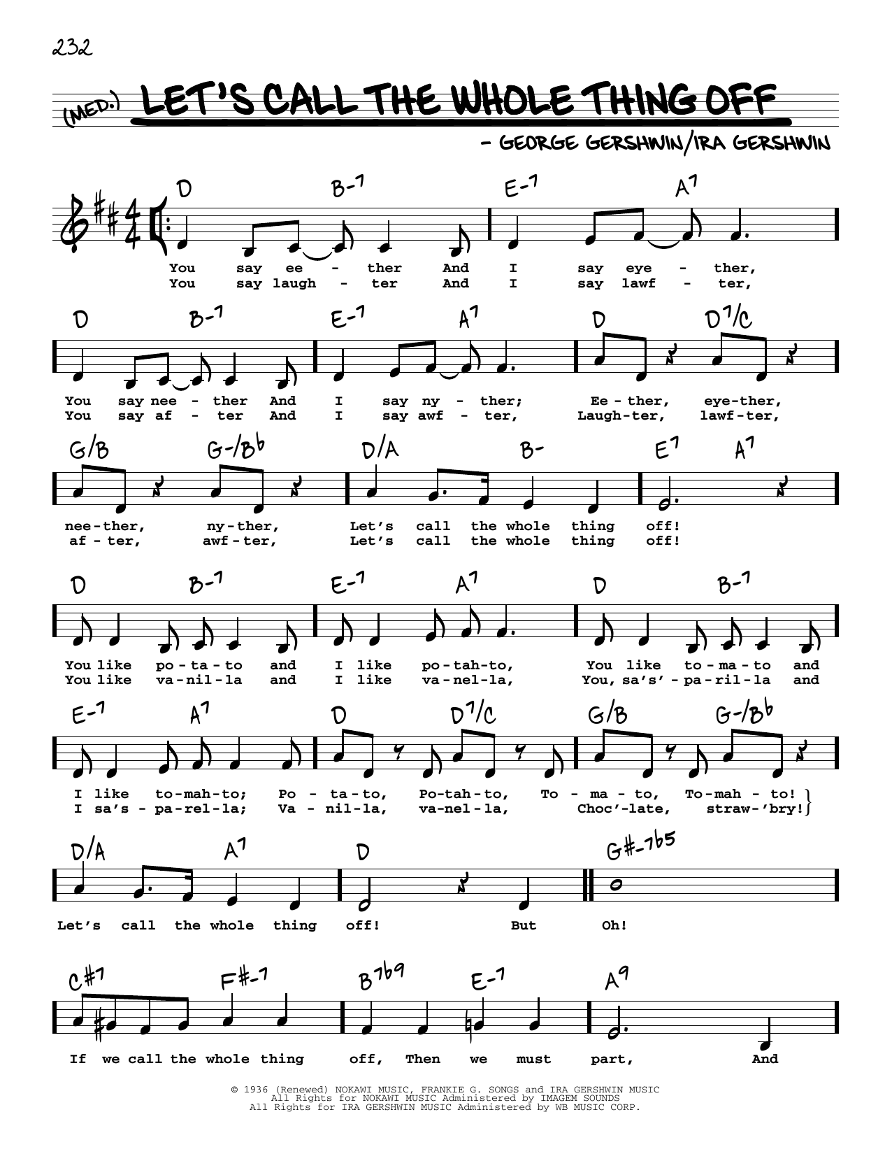 Download George Gershwin & Ira Gershwin Let's Call The Whole Thing Off (Low Voice) Sheet Music and learn how to play Real Book – Melody, Lyrics & Chords PDF digital score in minutes