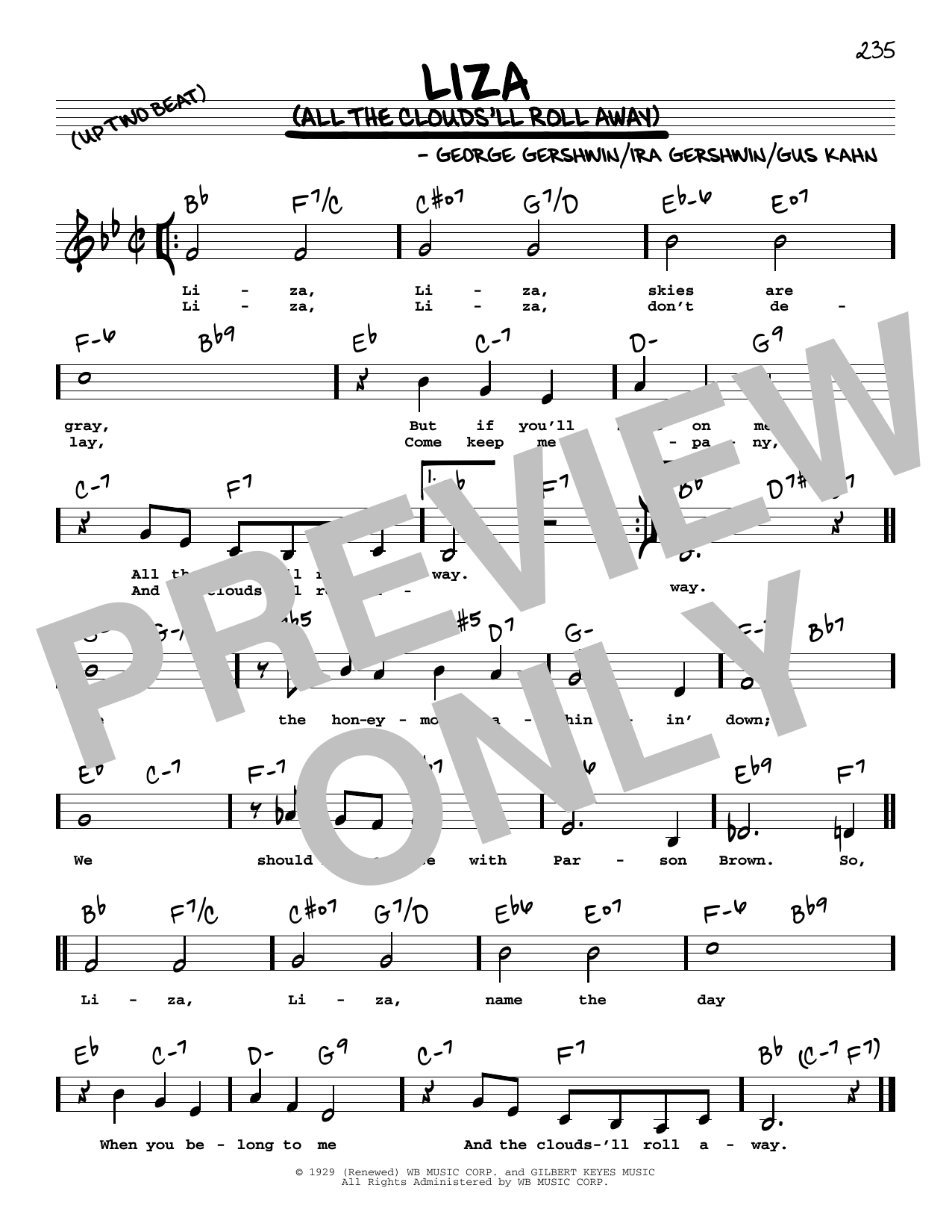 Download George Gershwin & Ira Gershwin Liza (All The Clouds'll Roll Away) (Low Voice) Sheet Music and learn how to play Real Book – Melody, Lyrics & Chords PDF digital score in minutes