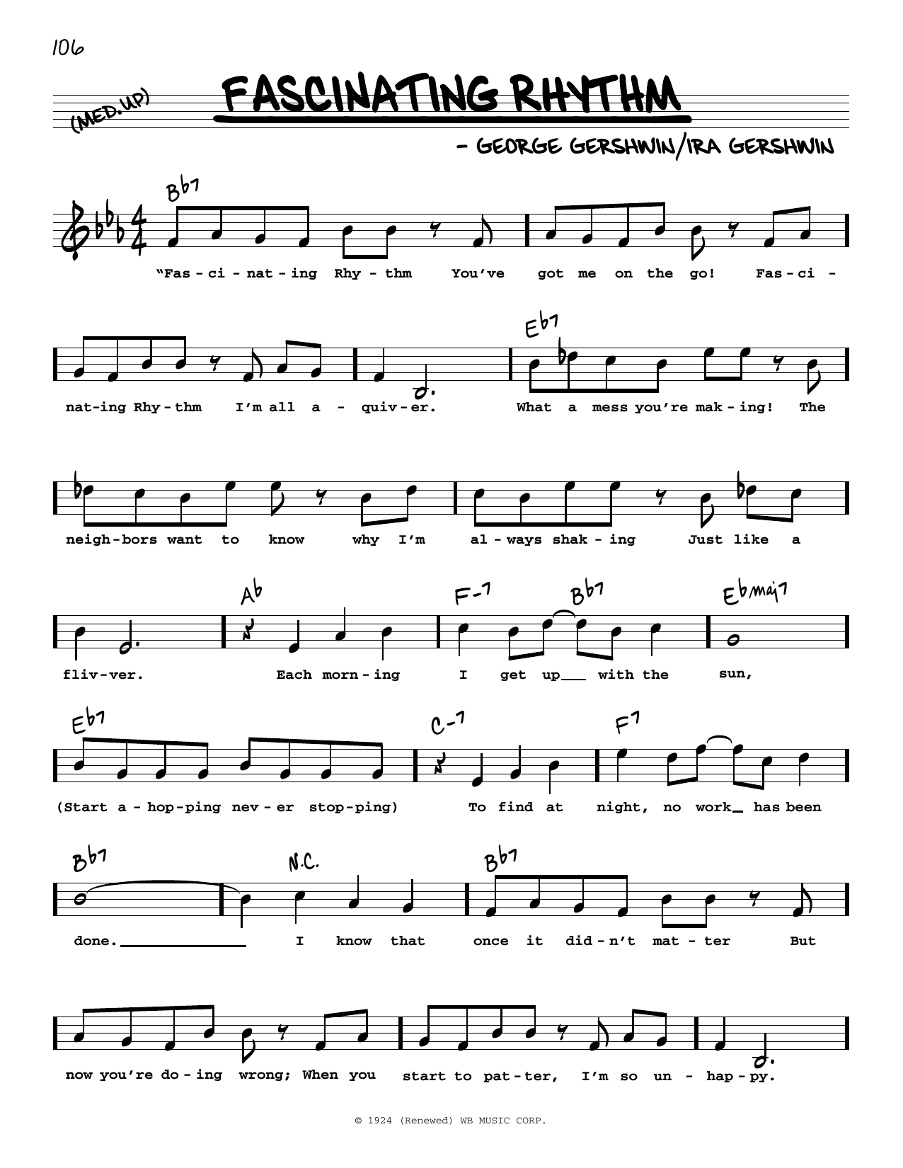 Download George Gershwin Fascinating Rhythm (High Voice) Sheet Music and learn how to play Real Book – Melody, Lyrics & Chords PDF digital score in minutes