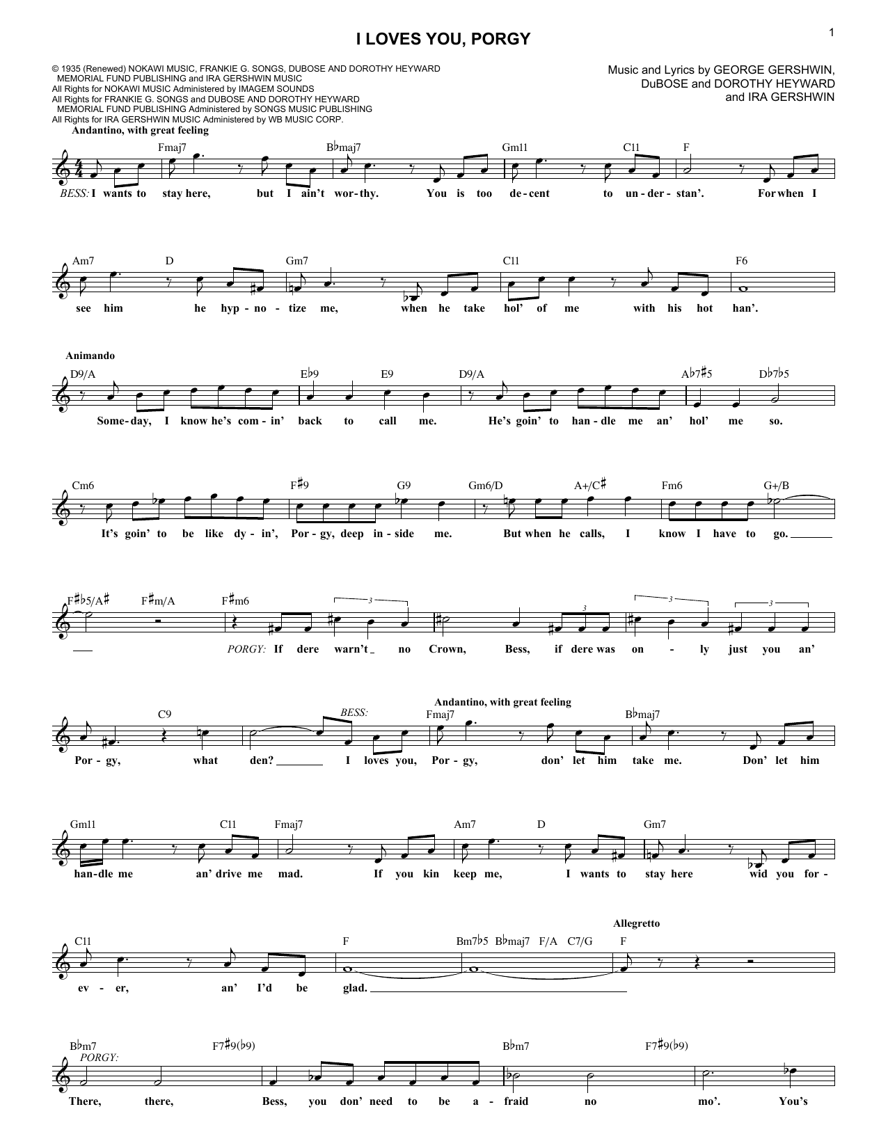 Download George Gershwin I Loves You, Porgy Sheet Music and learn how to play Melody Line, Lyrics & Chords PDF digital score in minutes