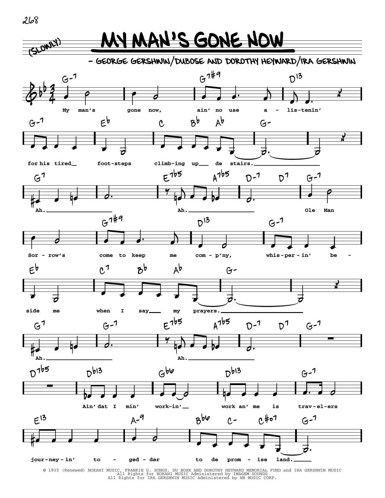 Download George Gershwin My Man's Gone Now (Low Voice) Sheet Music and learn how to play Real Book – Melody, Lyrics & Chords PDF digital score in minutes