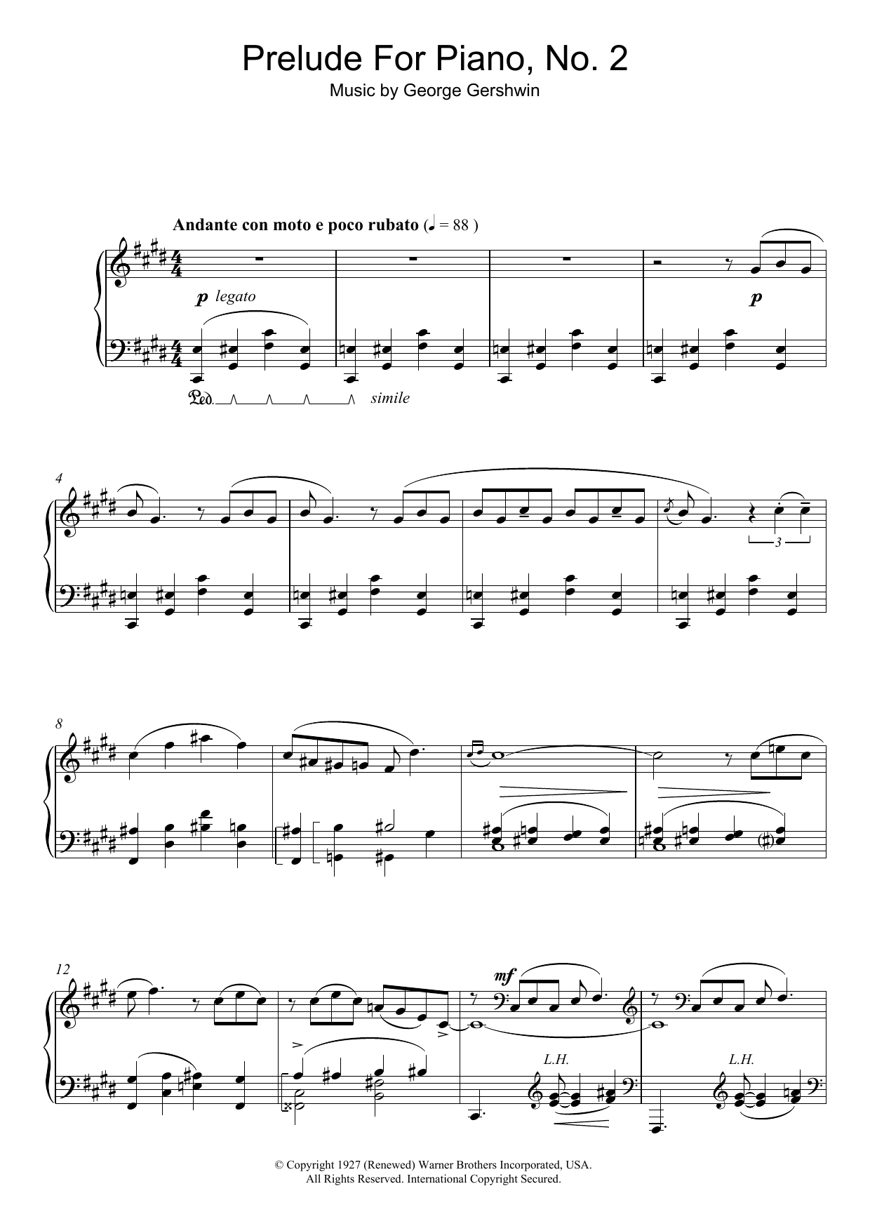 Download George Gershwin Prelude For Piano, No.2 Sheet Music and learn how to play Piano Solo PDF digital score in minutes