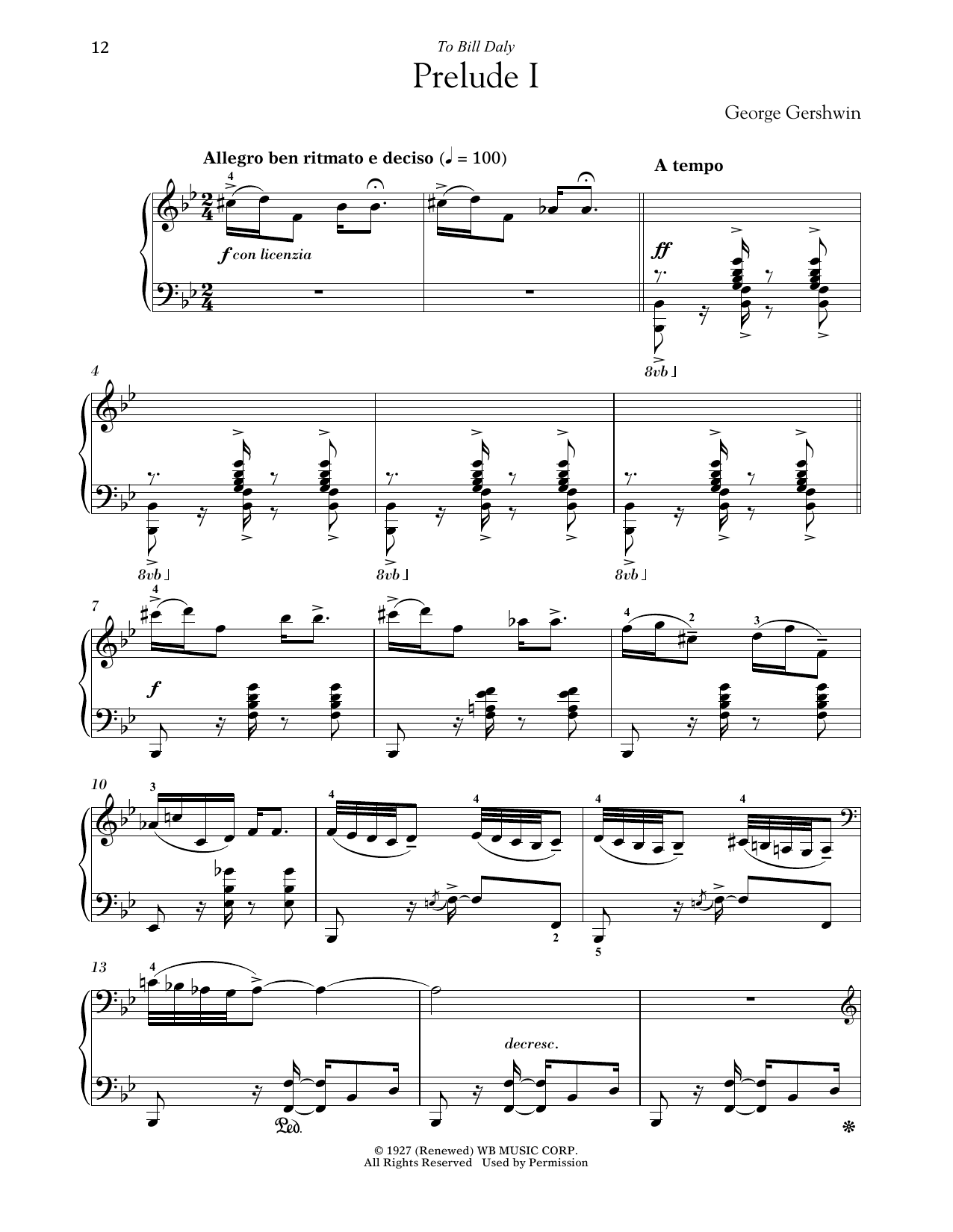 Download George Gershwin Prelude I (Allegro Ben Ritmato E Deciso) Sheet Music and learn how to play Piano Solo PDF digital score in minutes