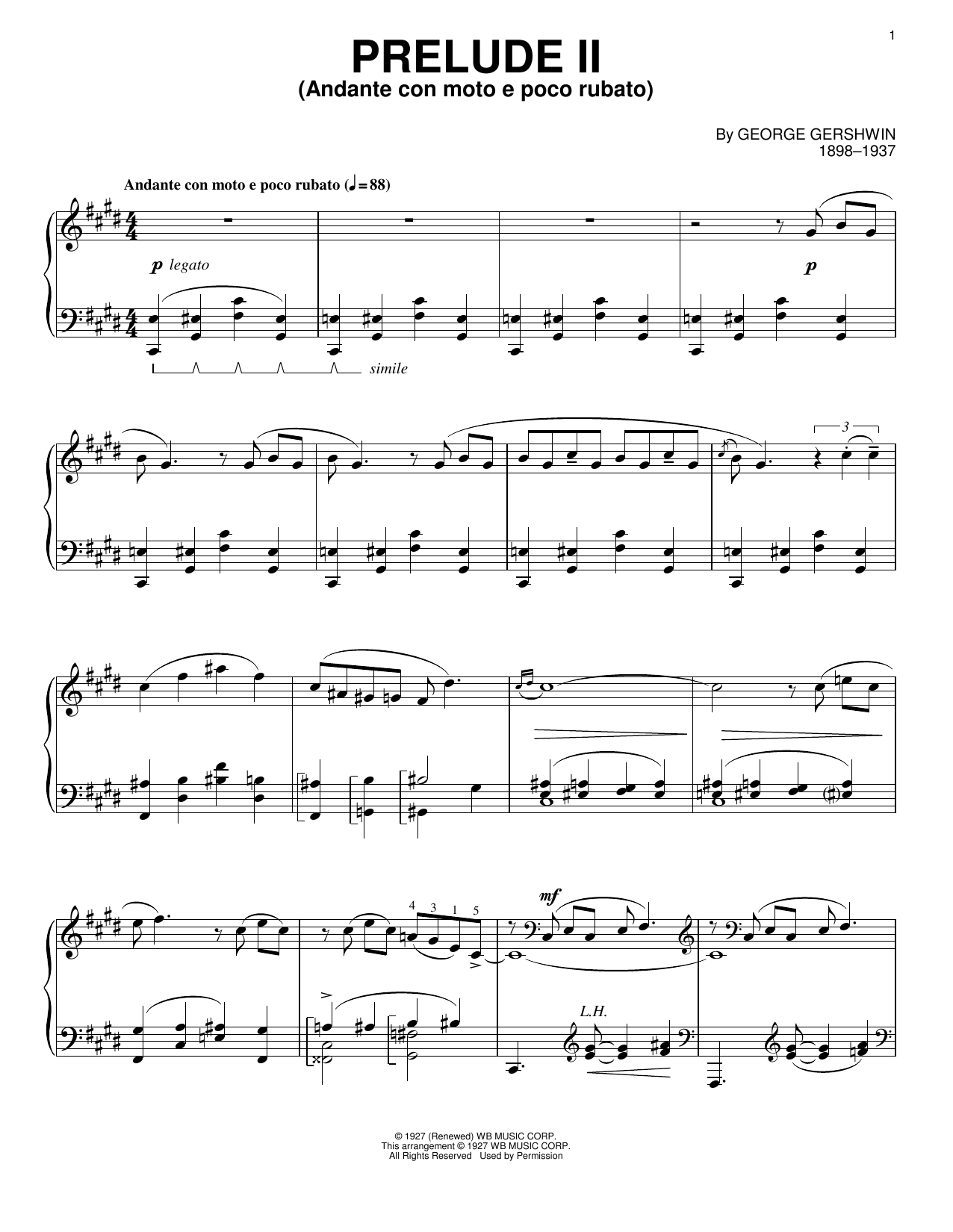Download George Gershwin Prelude II (Andante Con Moto E Poco Rubato) Sheet Music and learn how to play Piano PDF digital score in minutes