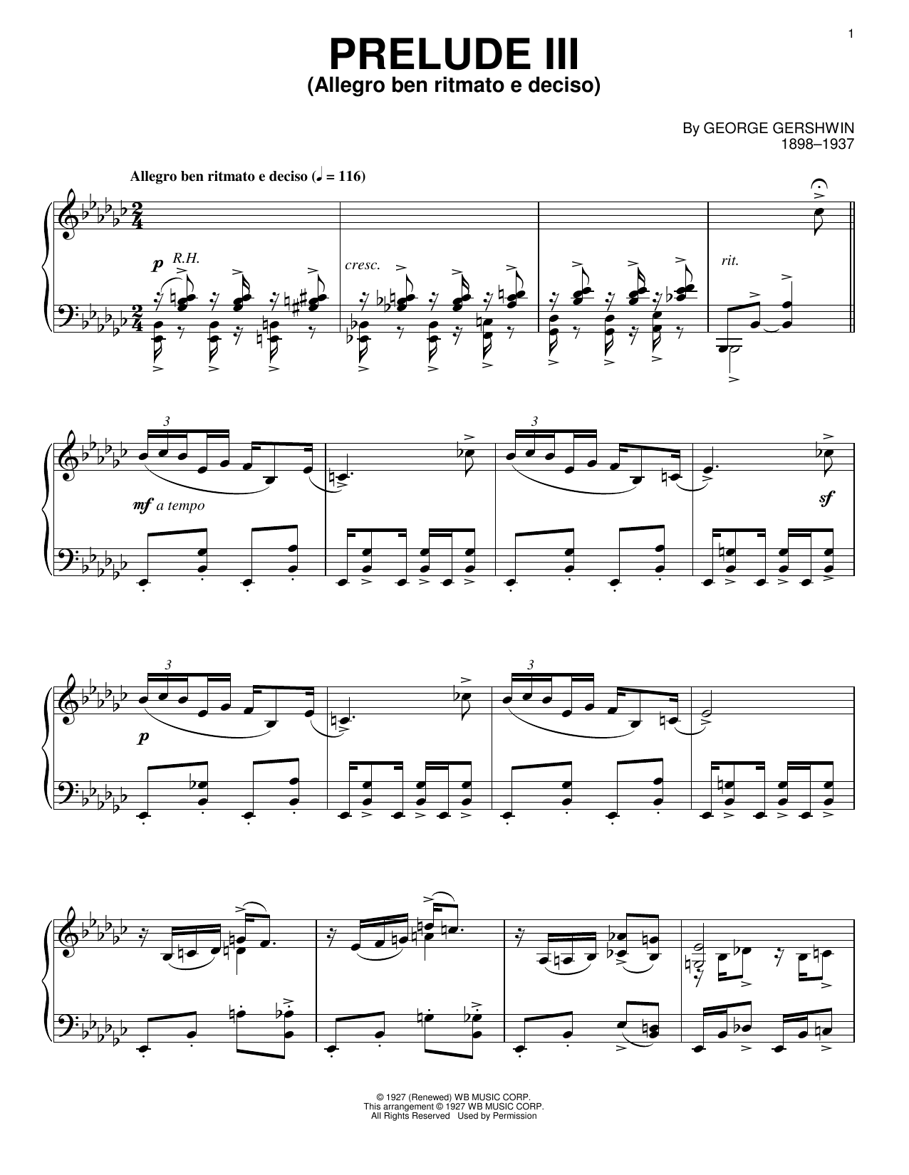 Download George Gershwin Prelude III (Allegro Ben Ritmato E Deciso) Sheet Music and learn how to play Piano PDF digital score in minutes