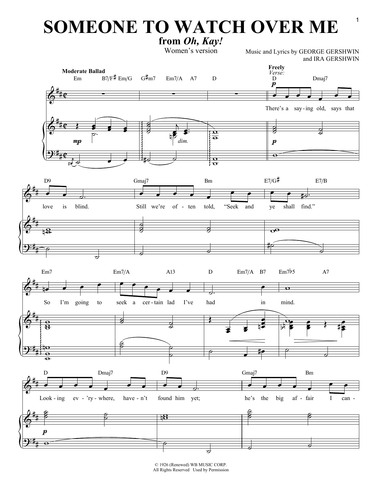 Download George Gershwin Someone To Watch Over Me (from Oh, Kay!) [Women's version] Sheet Music and learn how to play Piano & Vocal PDF digital score in minutes