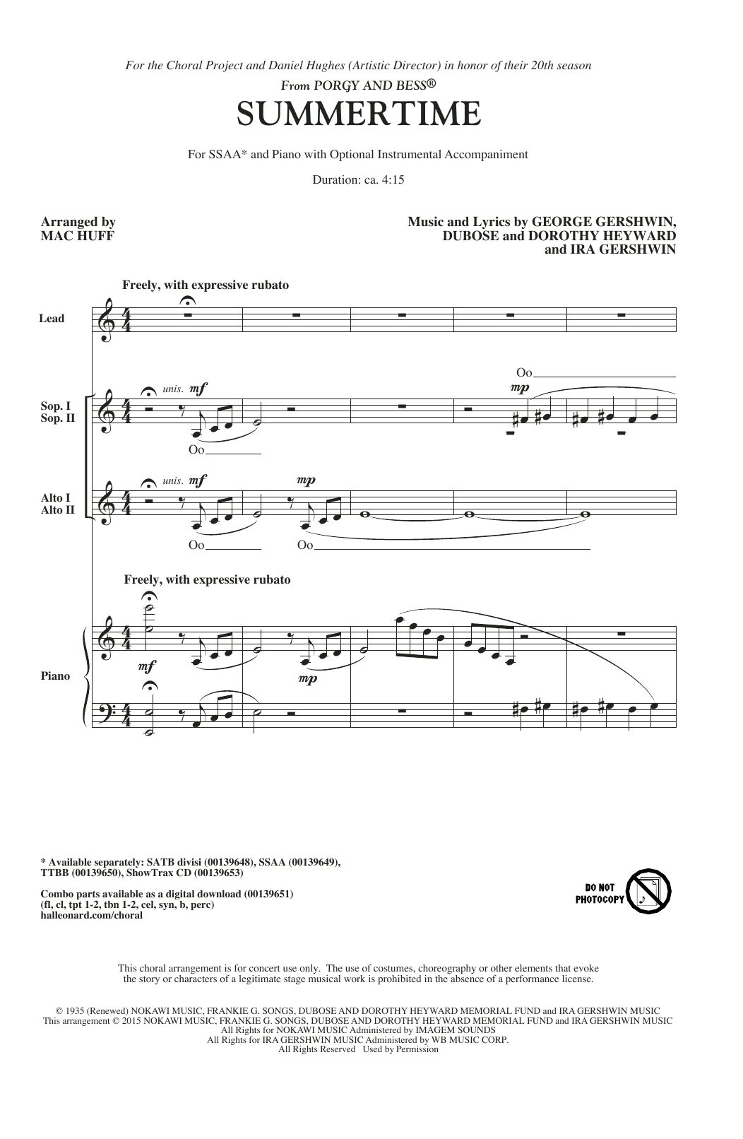 Download George Gershwin Summertime (arr. Mac Huff) Sheet Music and learn how to play SSA PDF digital score in minutes