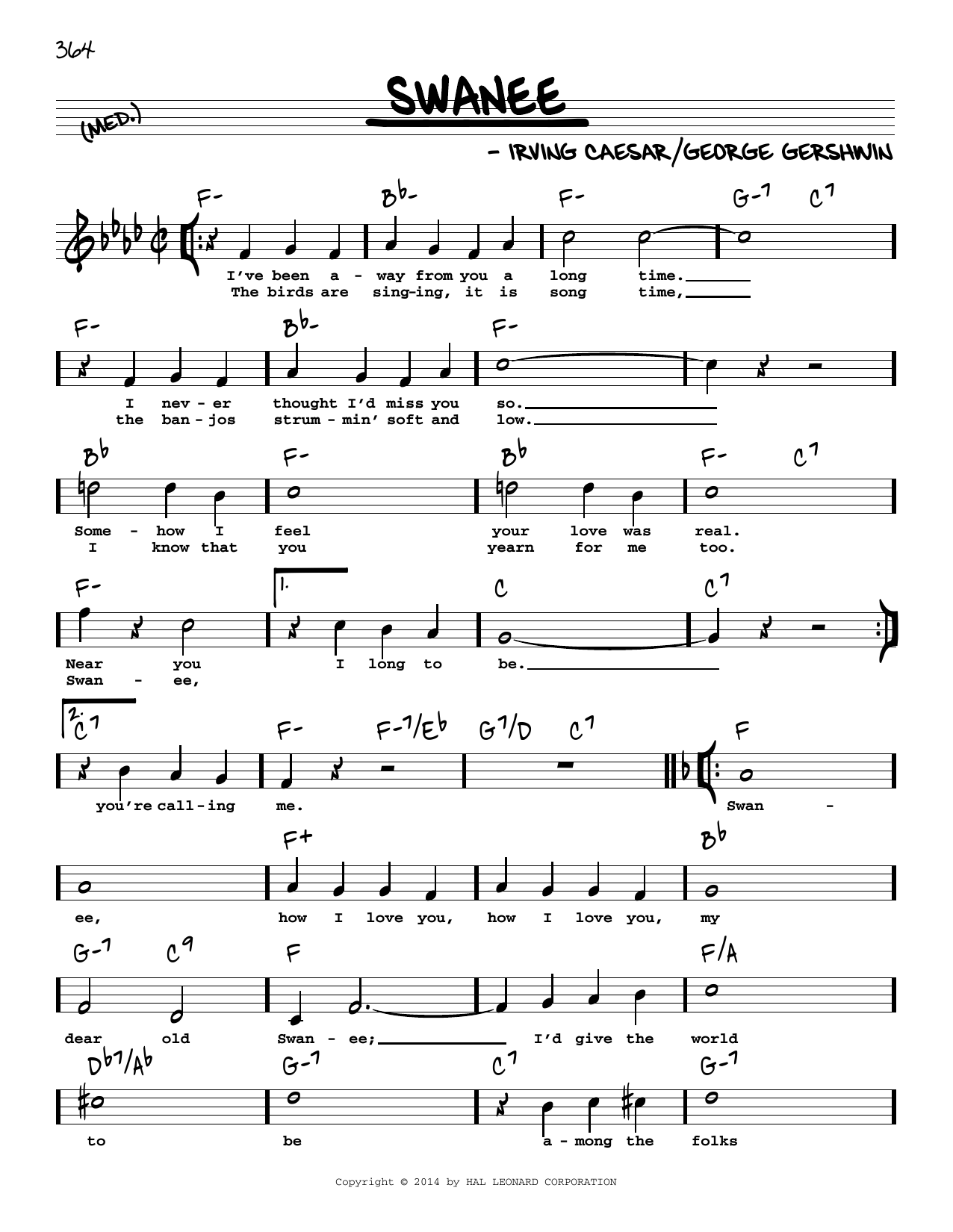 Download George Gershwin Swanee (High Voice) Sheet Music and learn how to play Real Book – Melody, Lyrics & Chords PDF digital score in minutes