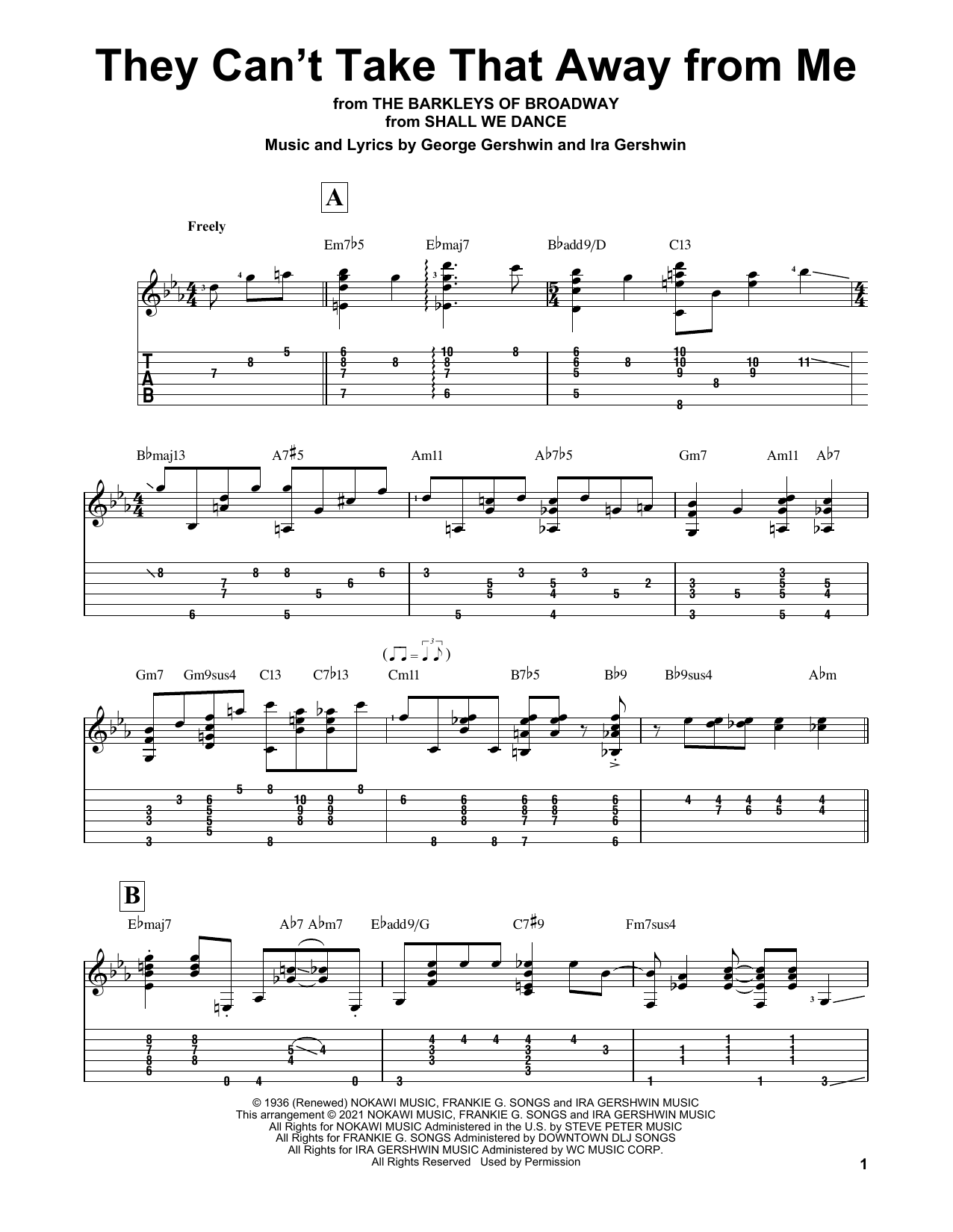 Download George Gershwin They Can't Take That Away From Me (arr. Matt Otten) Sheet Music and learn how to play Solo Guitar PDF digital score in minutes